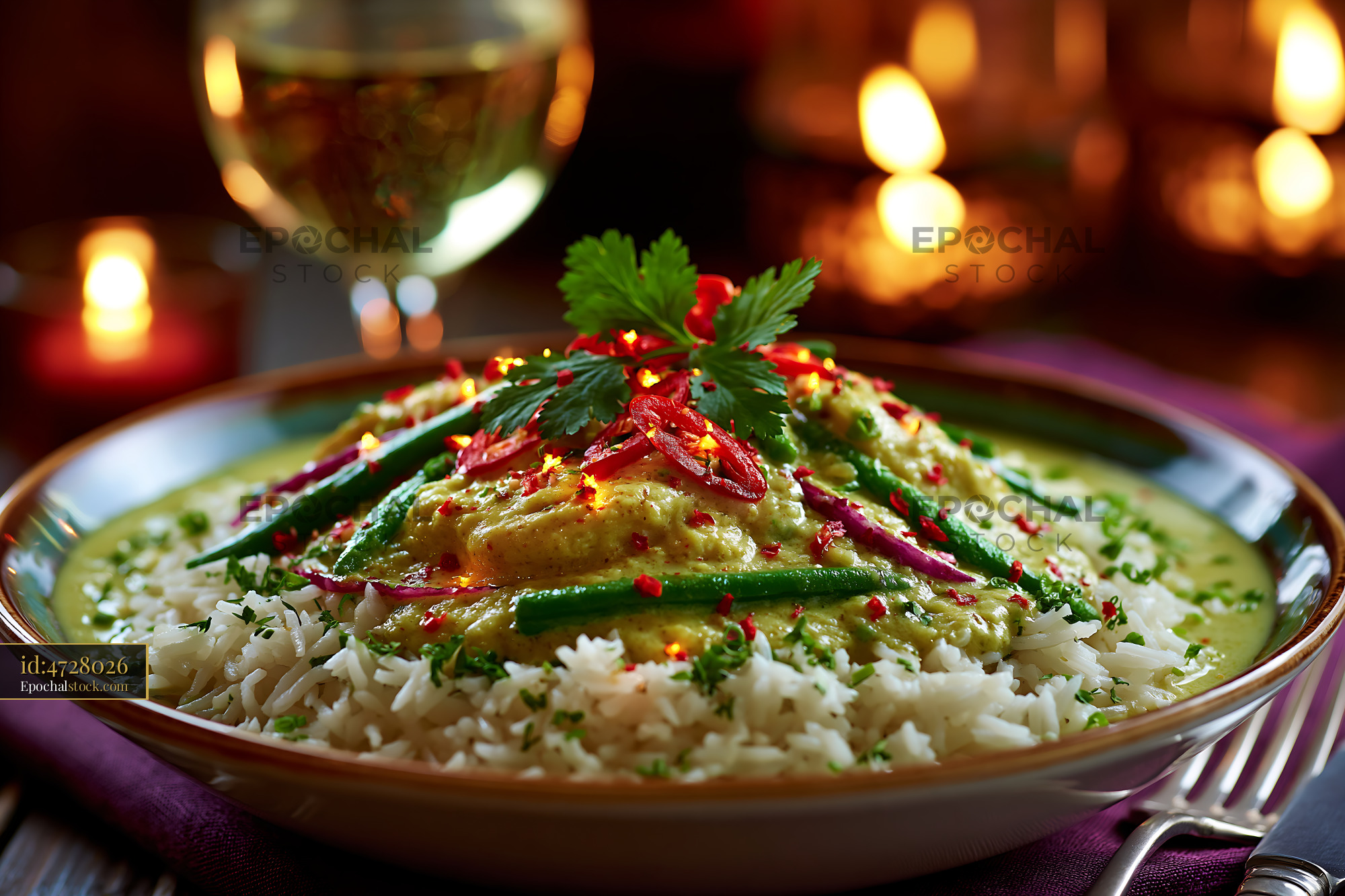 Thai Green Curry With Jasmine Rice Served on a Table - stock photo