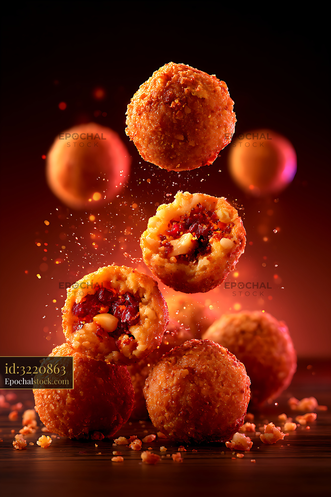 Watermarked full-resolution preview of Golden fried pastries with fruit filling and scattered crumbs