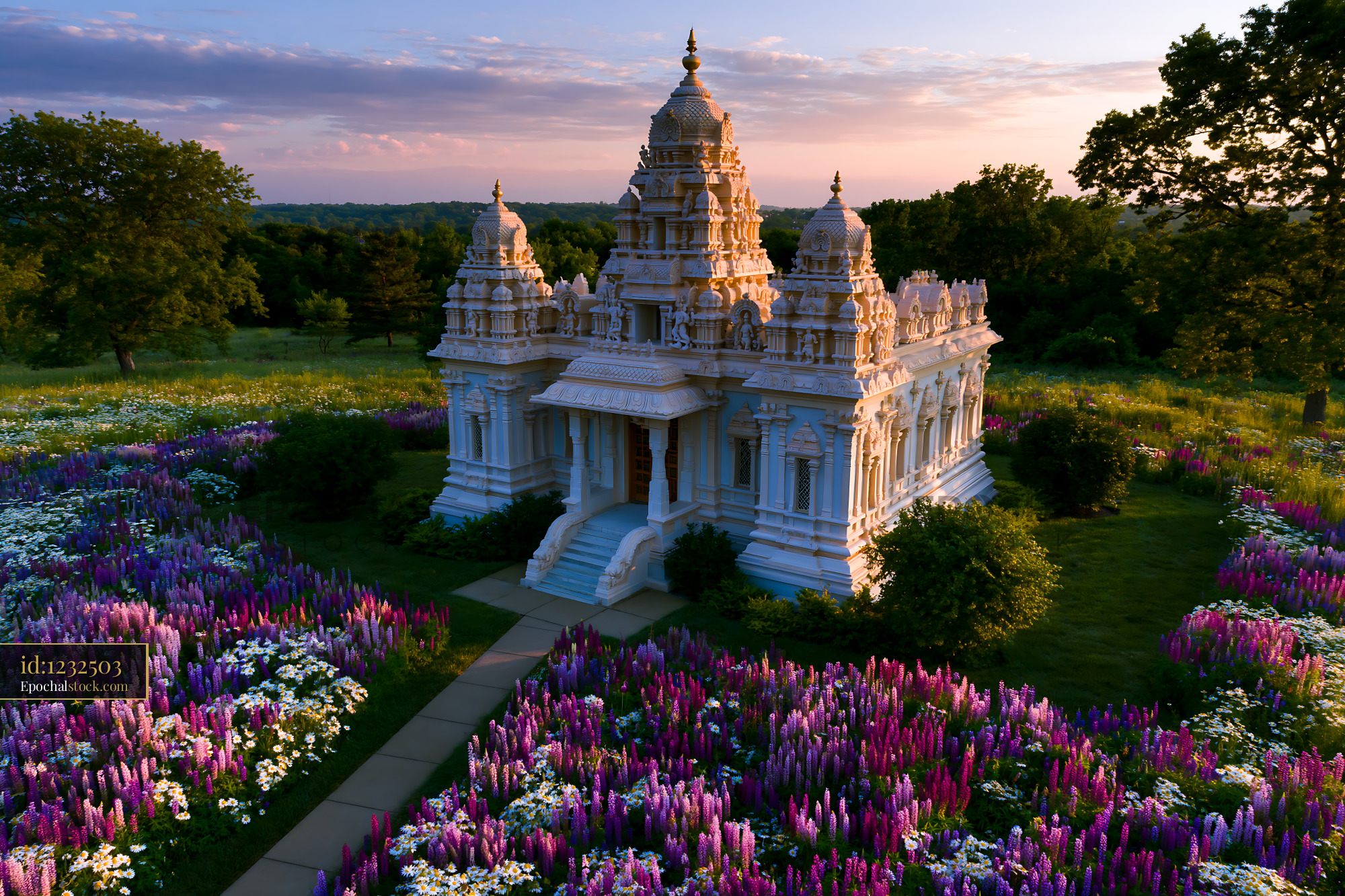 Temple Surrounded by Colorful Flowers in Nature at Sunset - stock photo