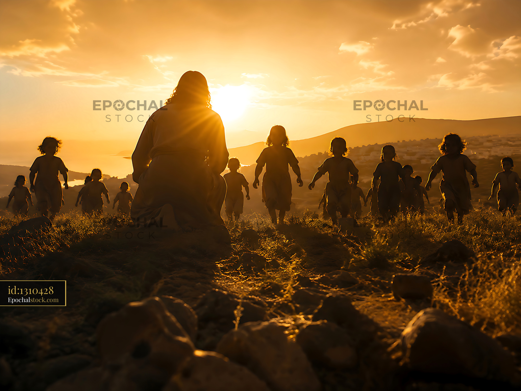 Watermarked full-resolution preview of Children walking towards sunset on grassy hill