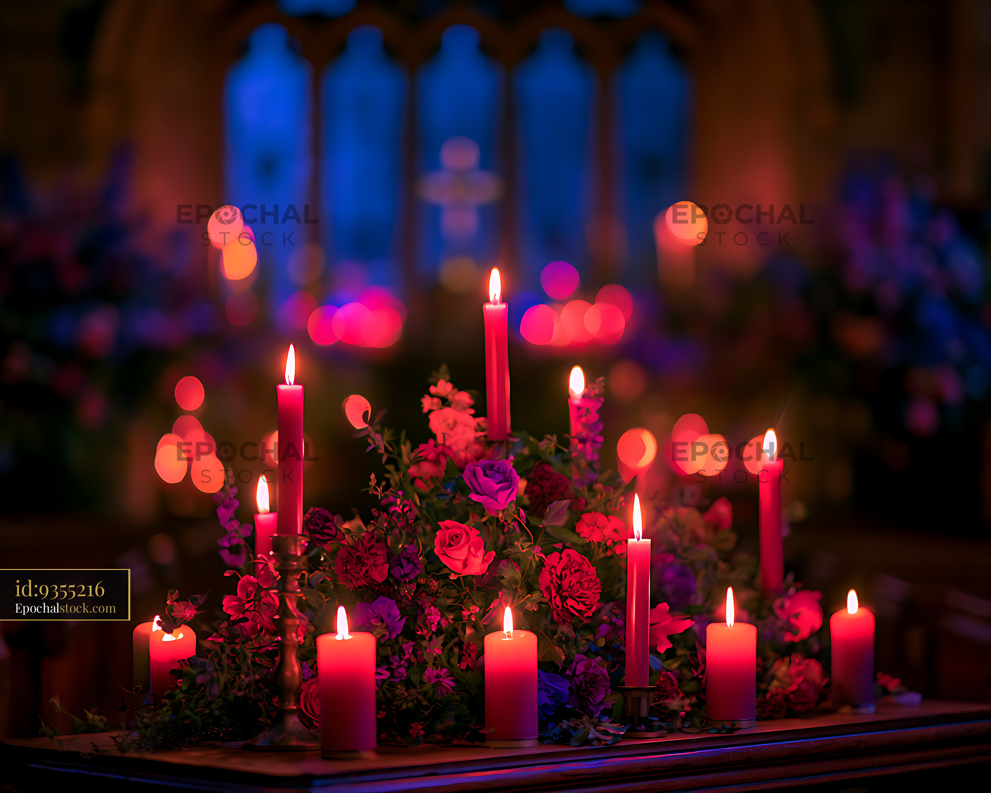 Watermarked full-resolution preview of Glowing candles and flowers in a colorful dark setting
