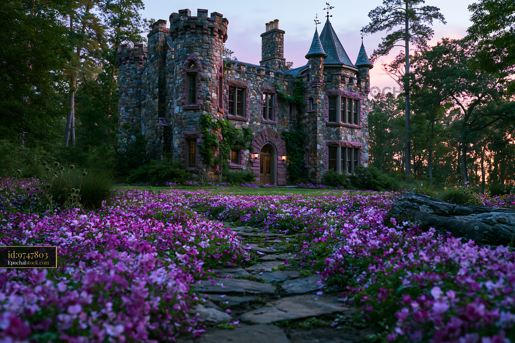 Watermarked full-resolution preview of Fairytale stone castle in a flower-filled garden