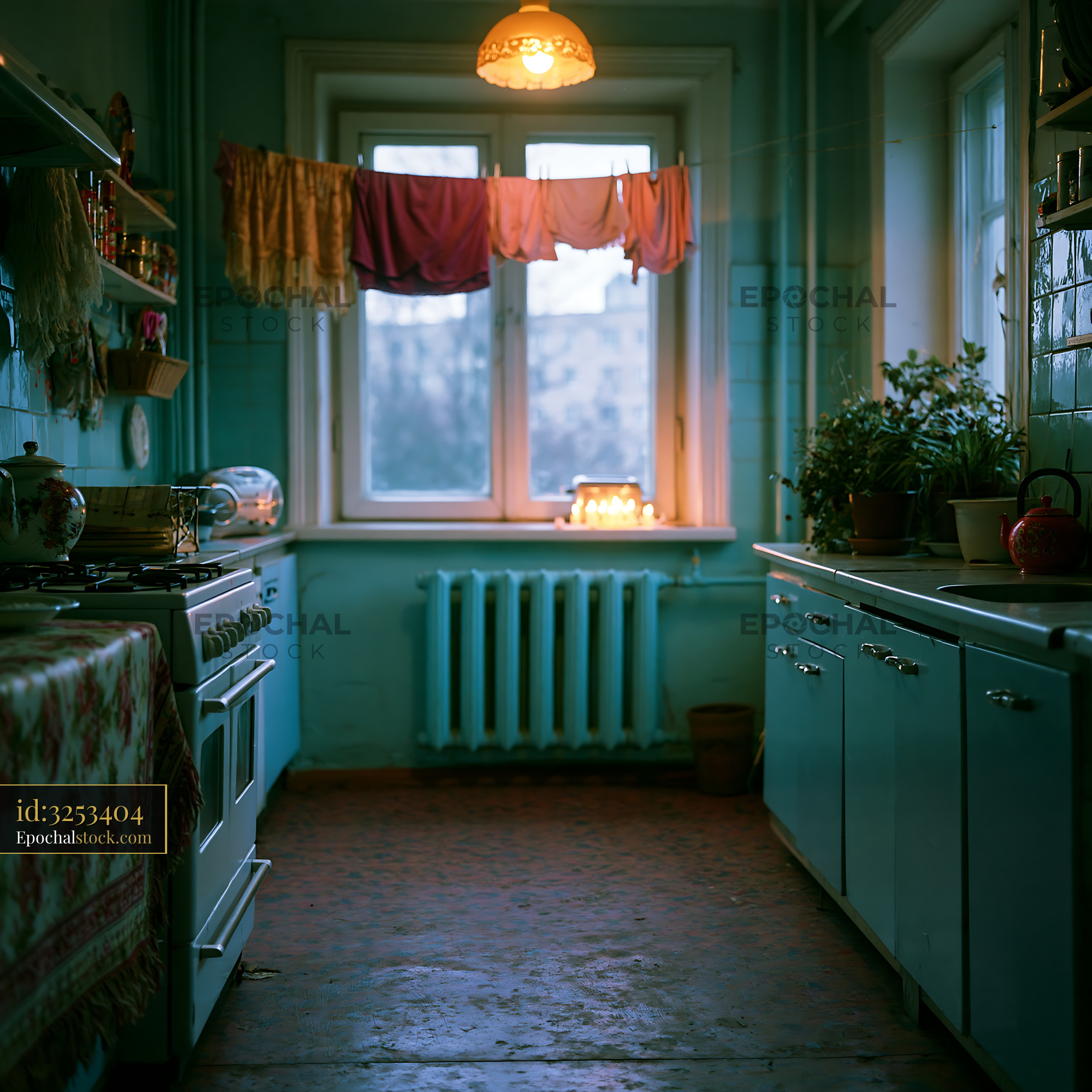 Watermarked full-resolution preview of Warm vintage kitchen interior with clothesline and plants