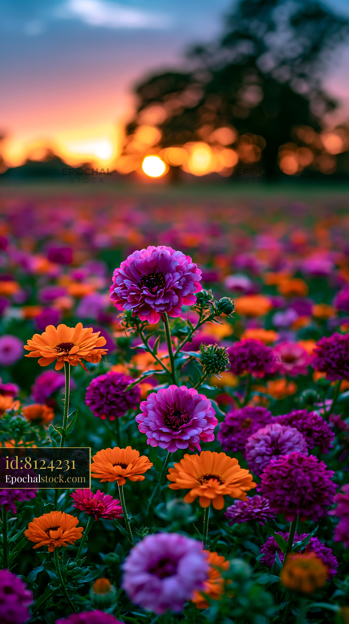 Watermarked full-resolution preview of Colorful flowers bloom in a field during sunset