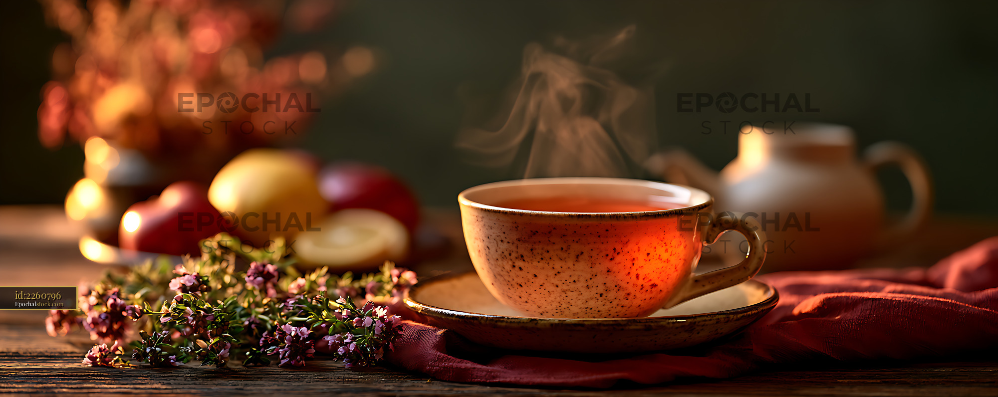 Watermarked full-resolution preview of Warm tea still life with flowers, fruit, and teapot