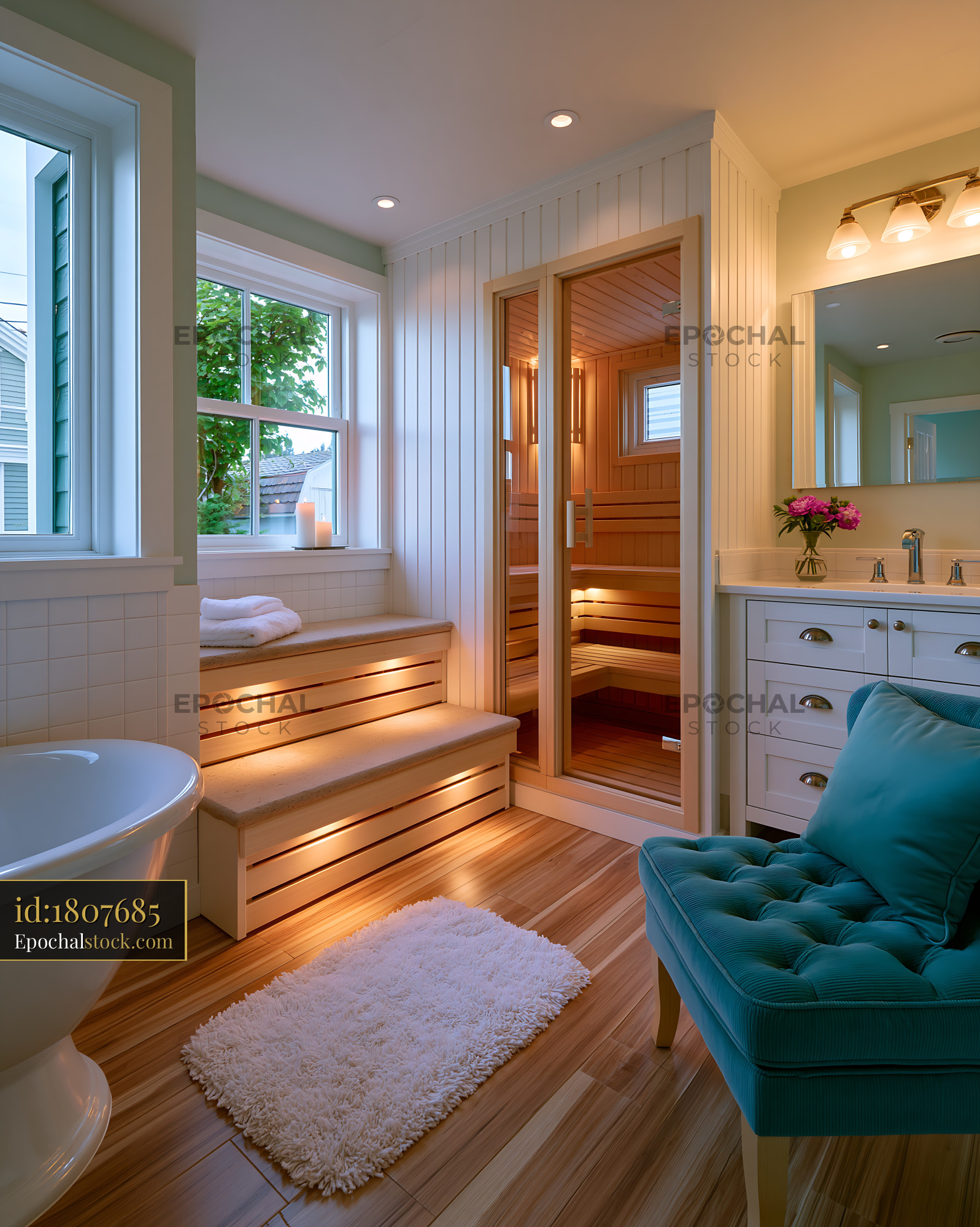 Watermarked full-resolution preview of Modern bathroom with sauna and natural light