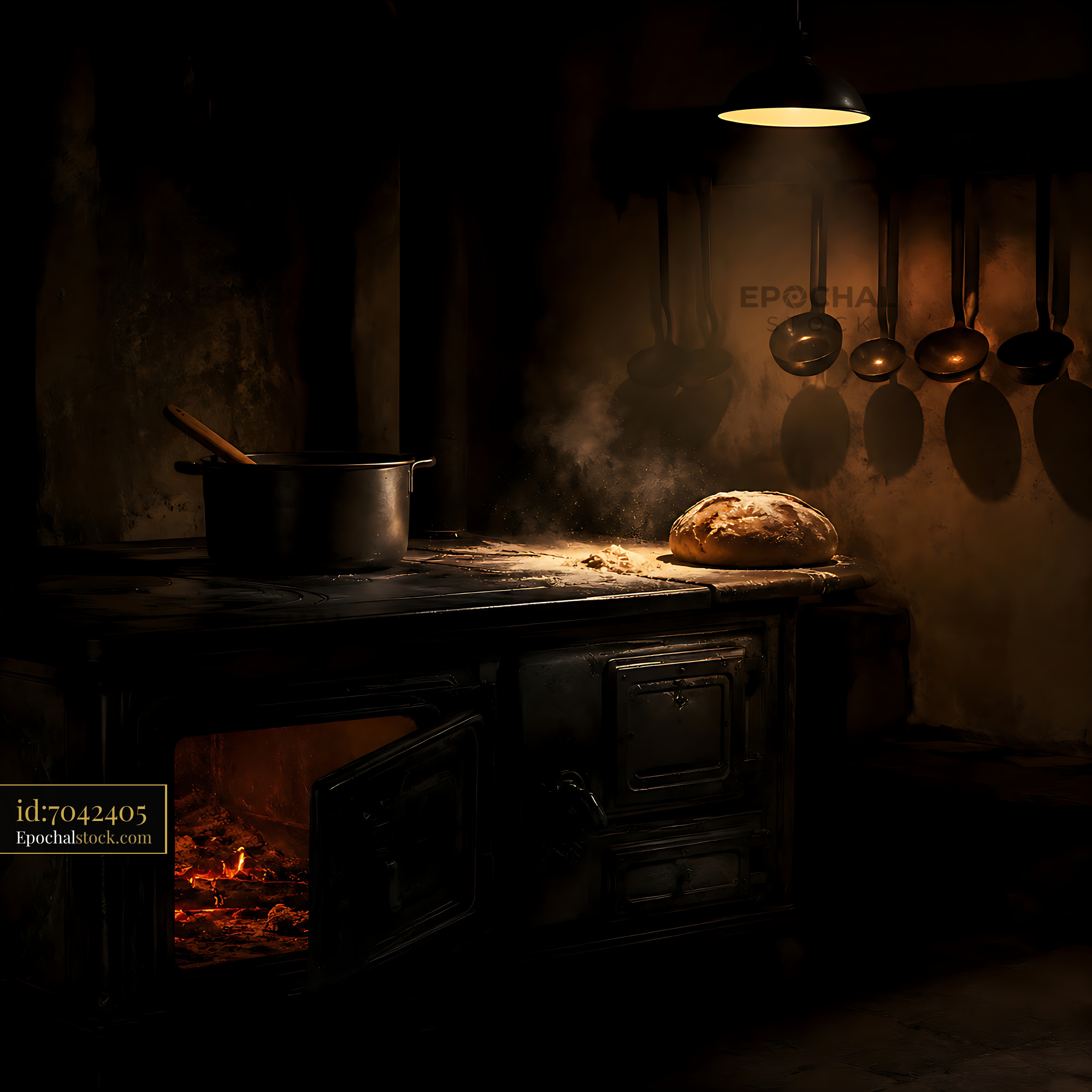 Watermarked full-resolution preview of Bread baking in a rustic kitchen with warm light