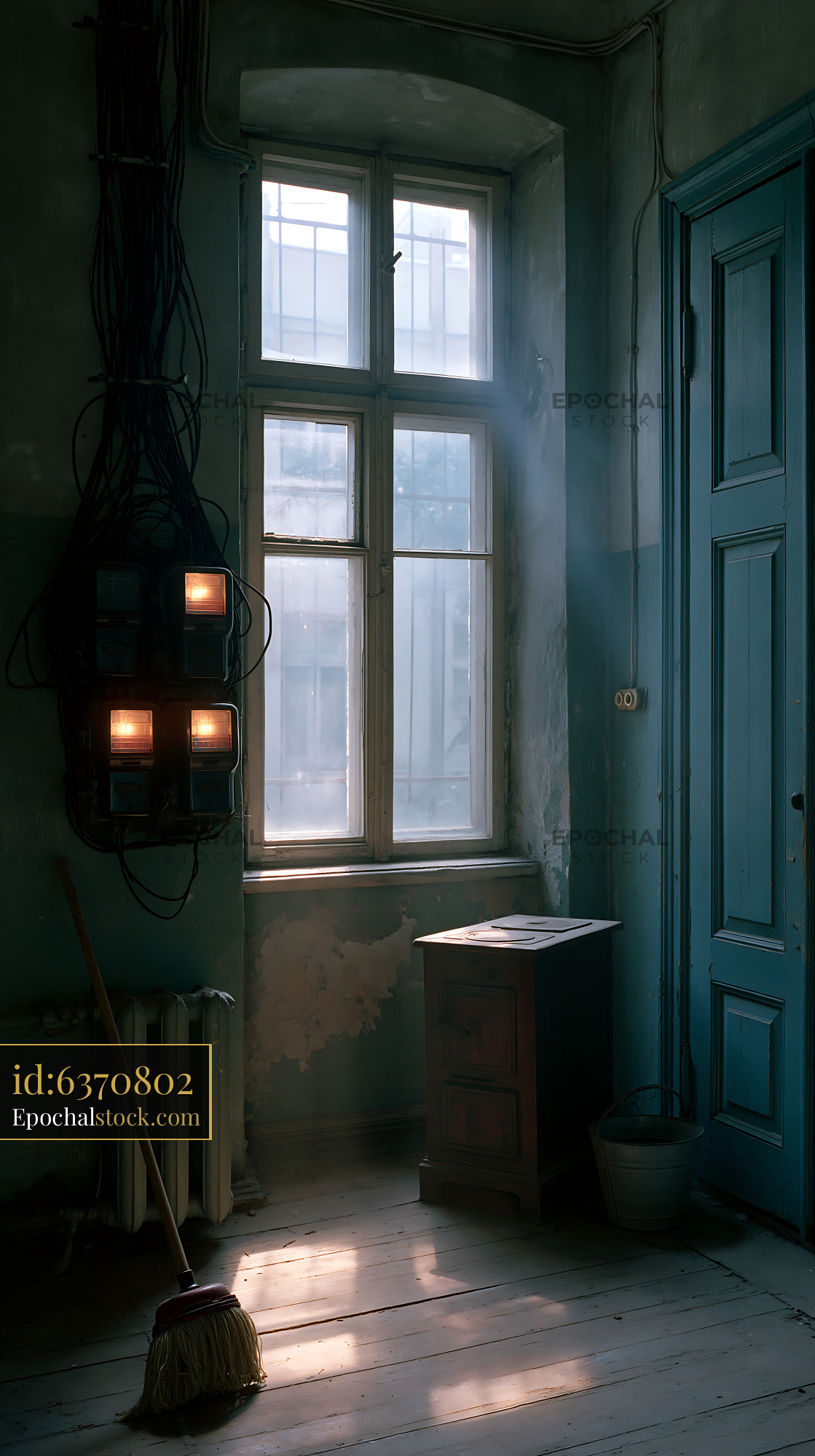 Watermarked full-resolution preview of Weathered room illuminated by light through a tall window