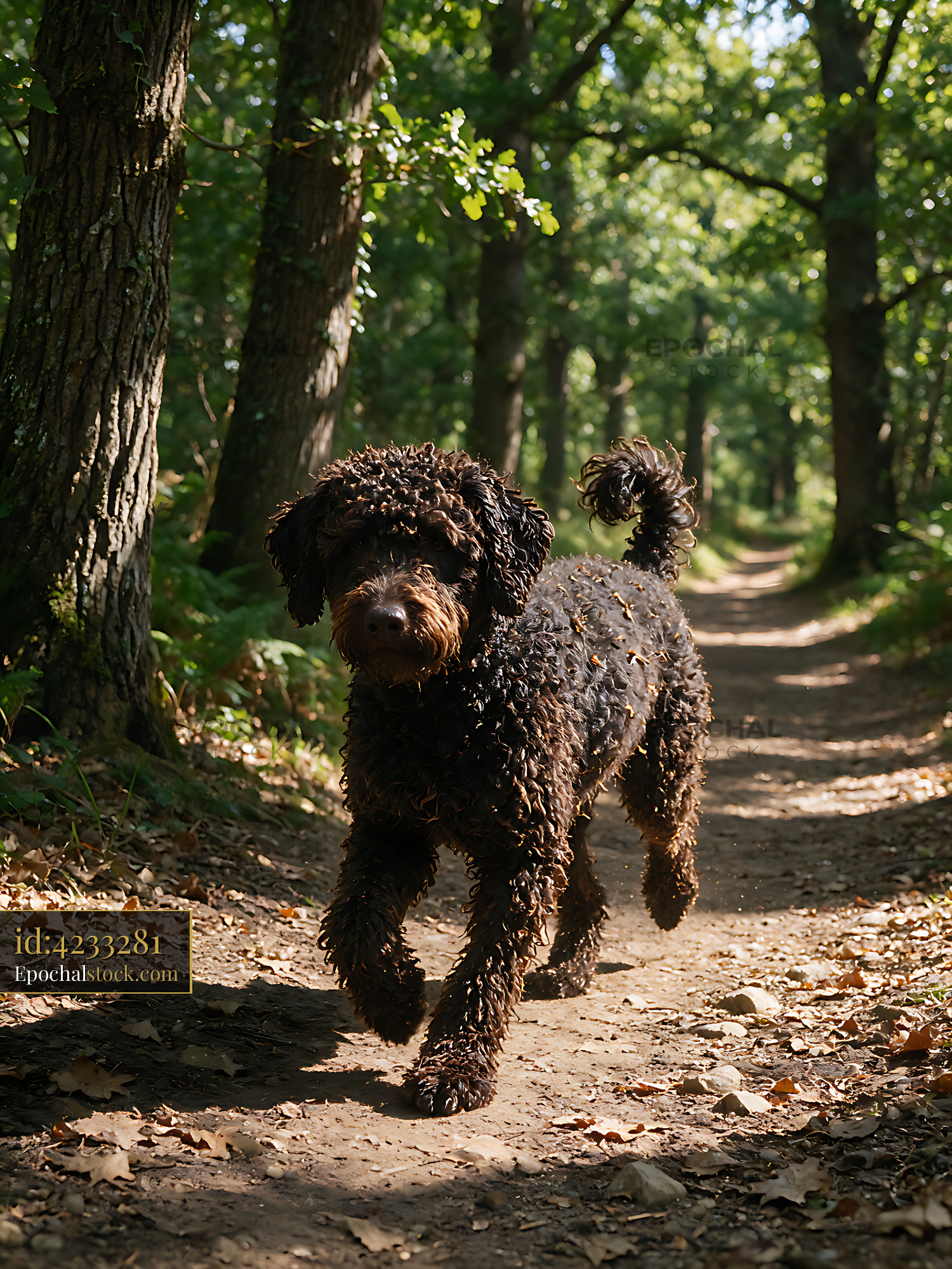 Watermarked full-resolution preview of Curly dog exploring a woodland path