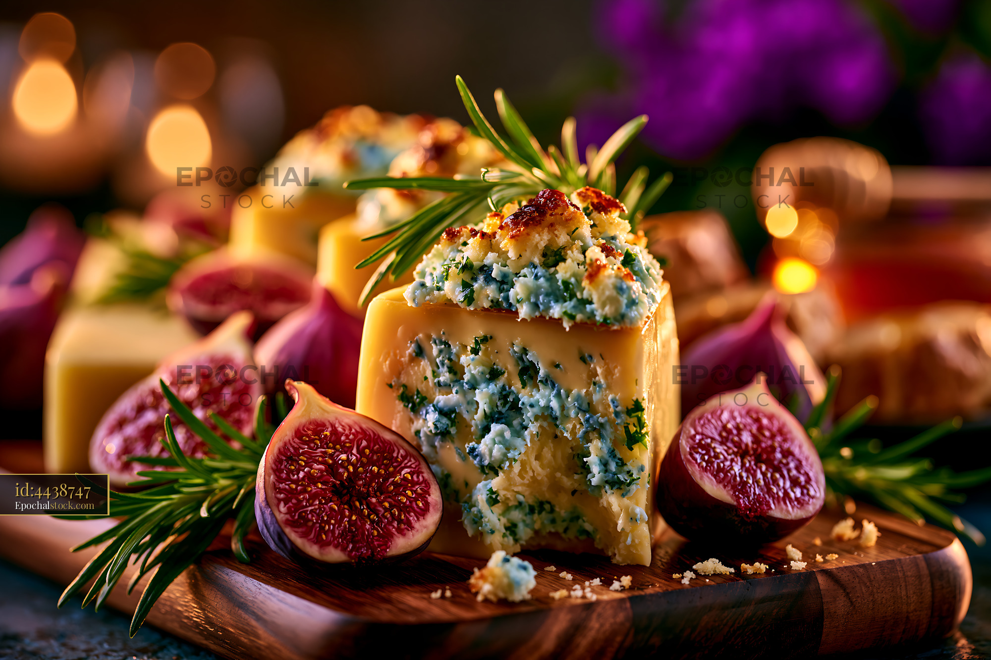 Watermarked full-resolution preview of Cheese with figs arranged on a wooden platter with herbs