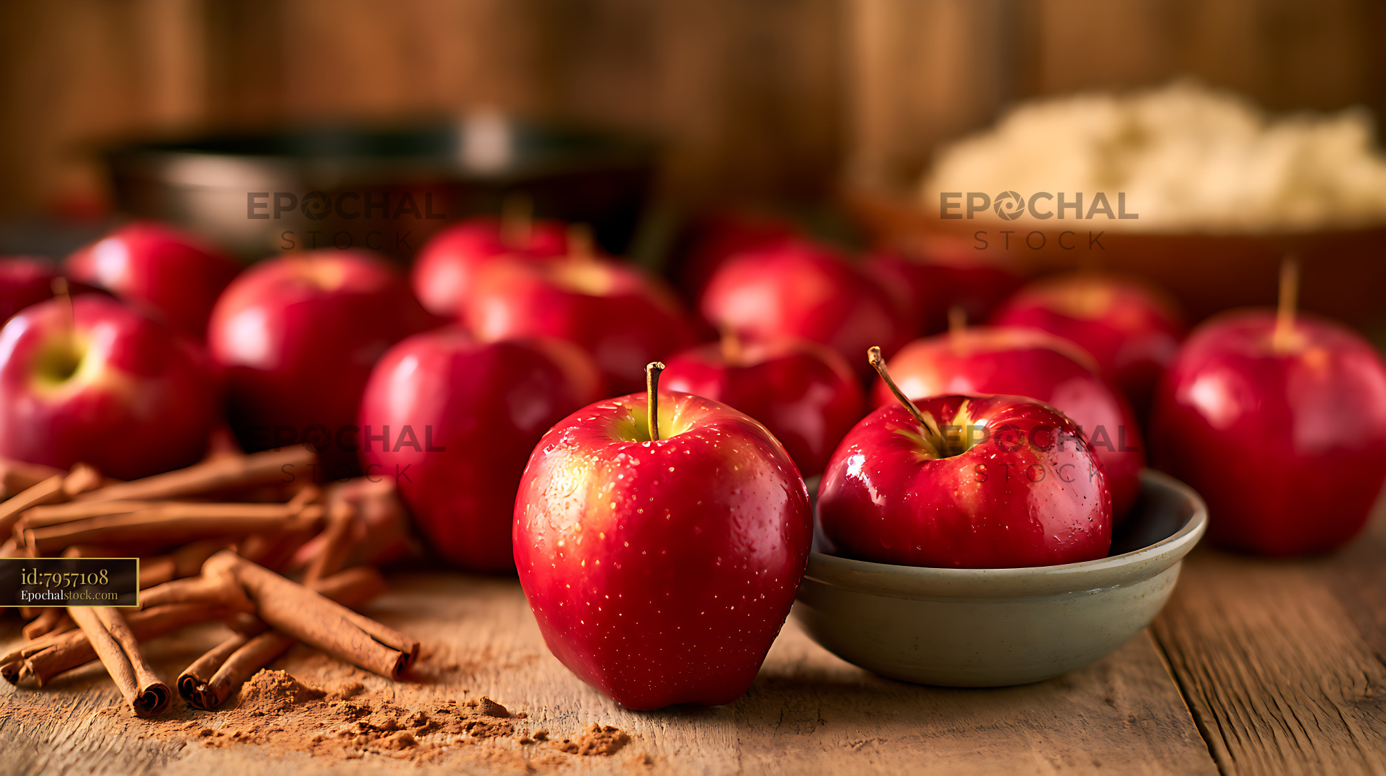 Watermarked full-resolution preview of Glossy apples and cinnamon in warm rustic still life