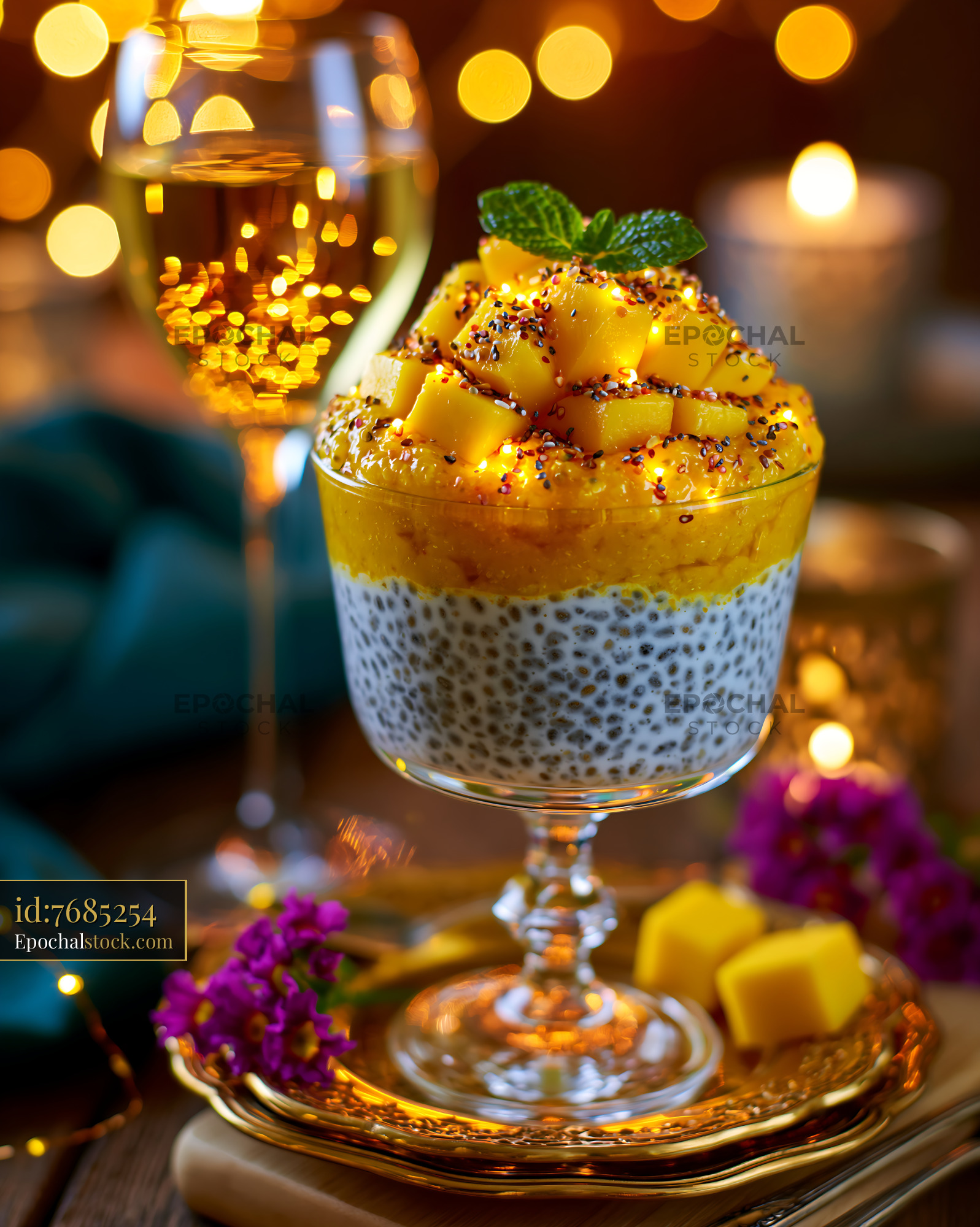 Watermarked full-resolution preview of Mango chia pudding served in a glass with decorations and drink