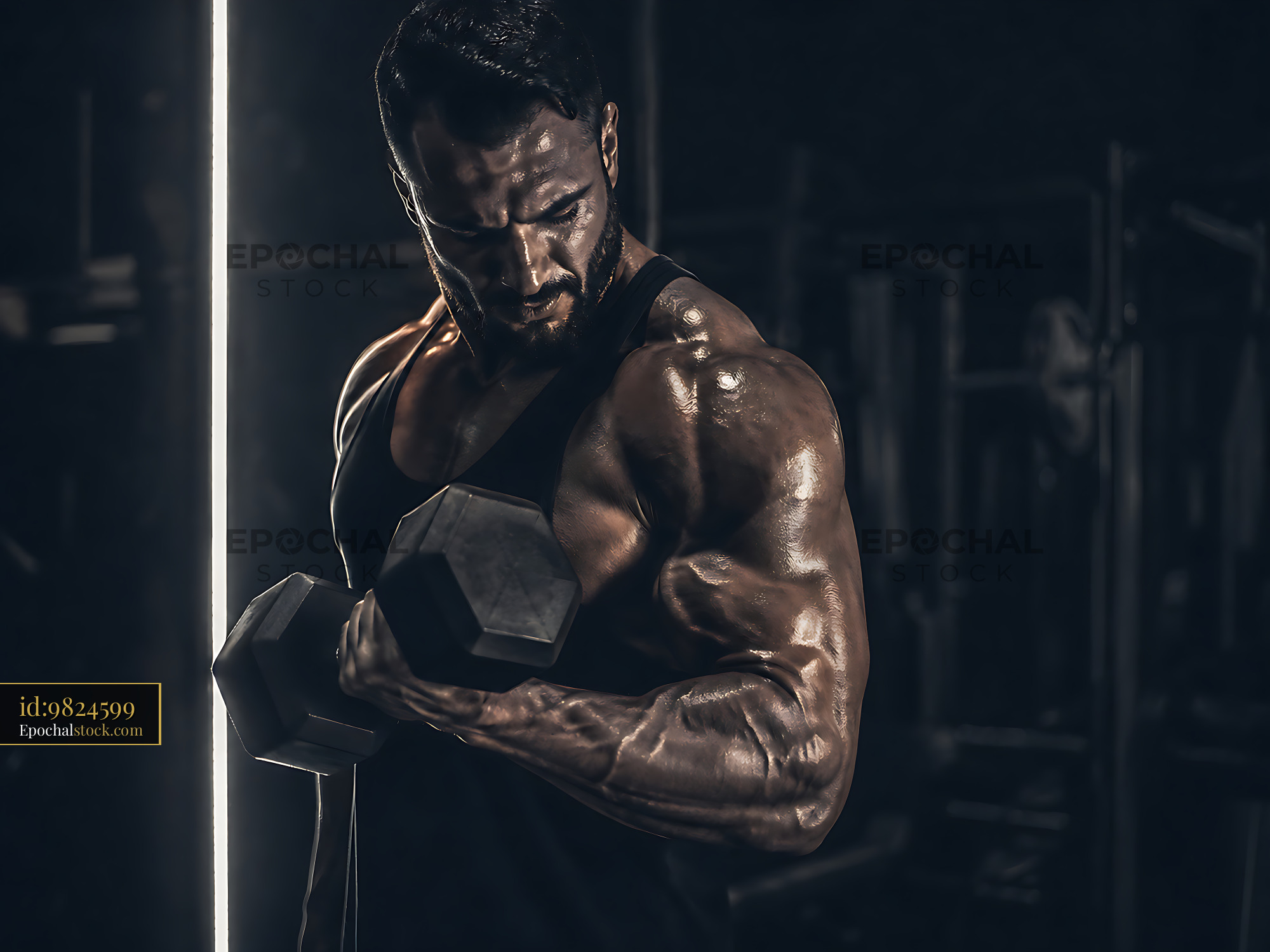 Watermarked full-resolution preview of Muscular man lifting dumbbell in dark gym