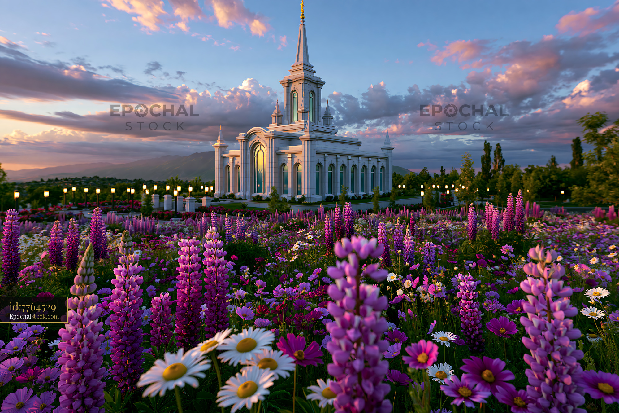 Watermarked full-resolution preview of Colorful flowers in front of a building at sunset