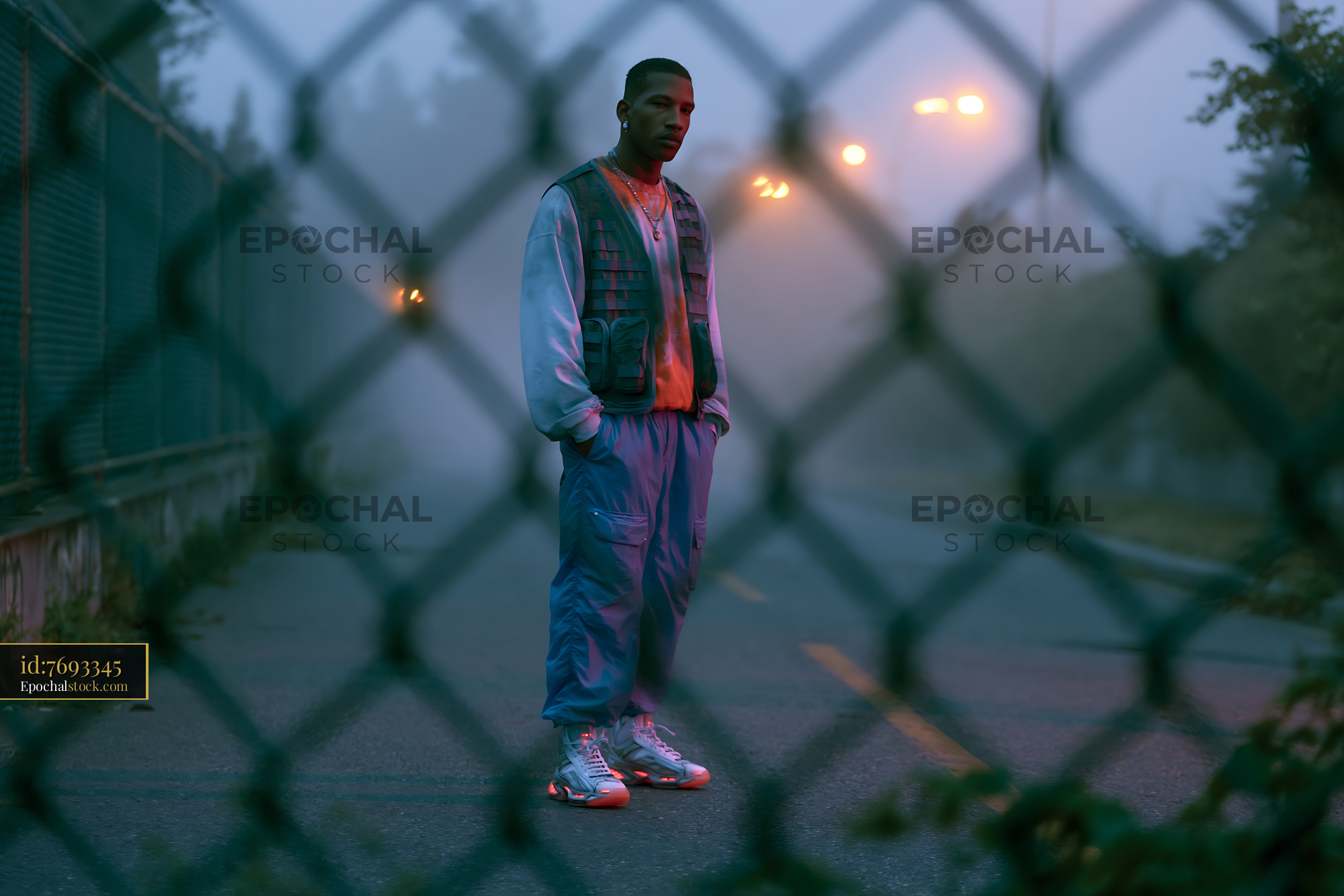 Watermarked full-resolution preview of Man stands by a fence on a foggy street in evening light