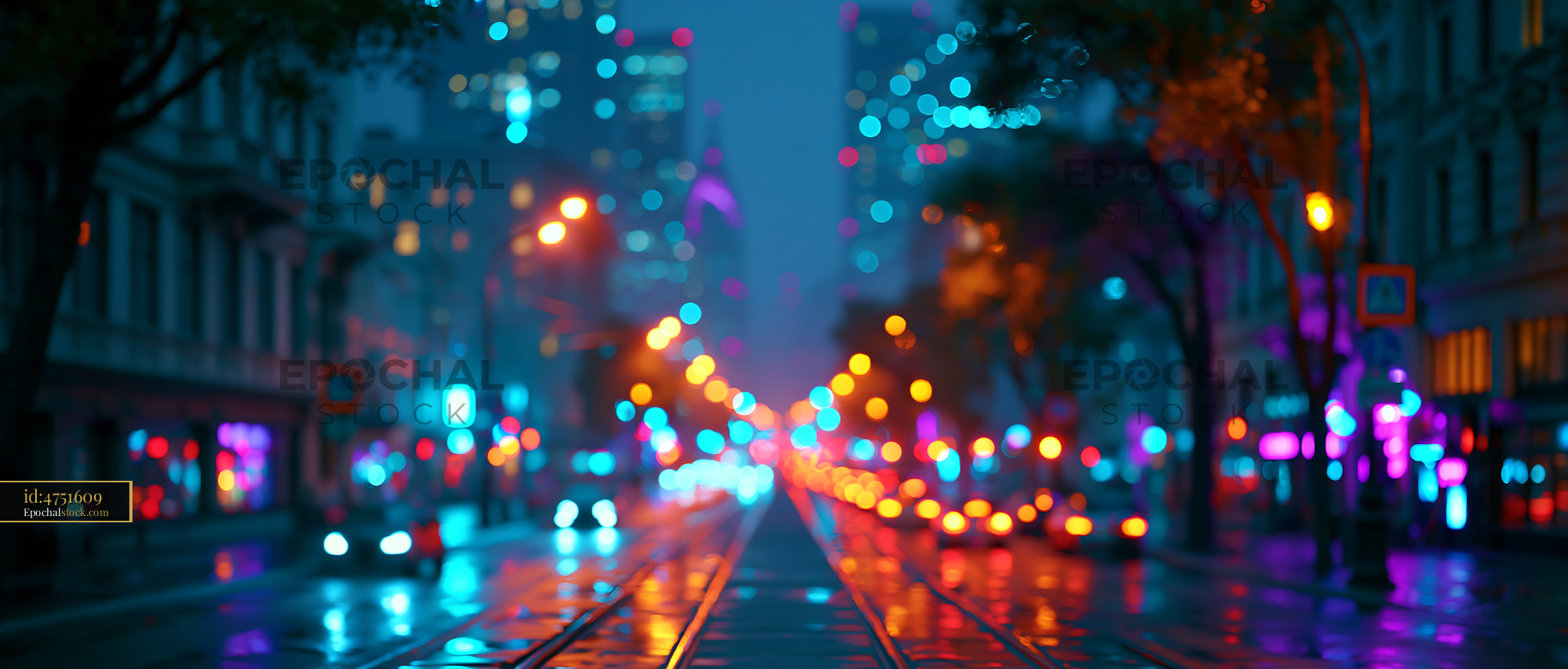 City Streets Illuminated at Night With Vibrant Lights and Reflections - stock photo