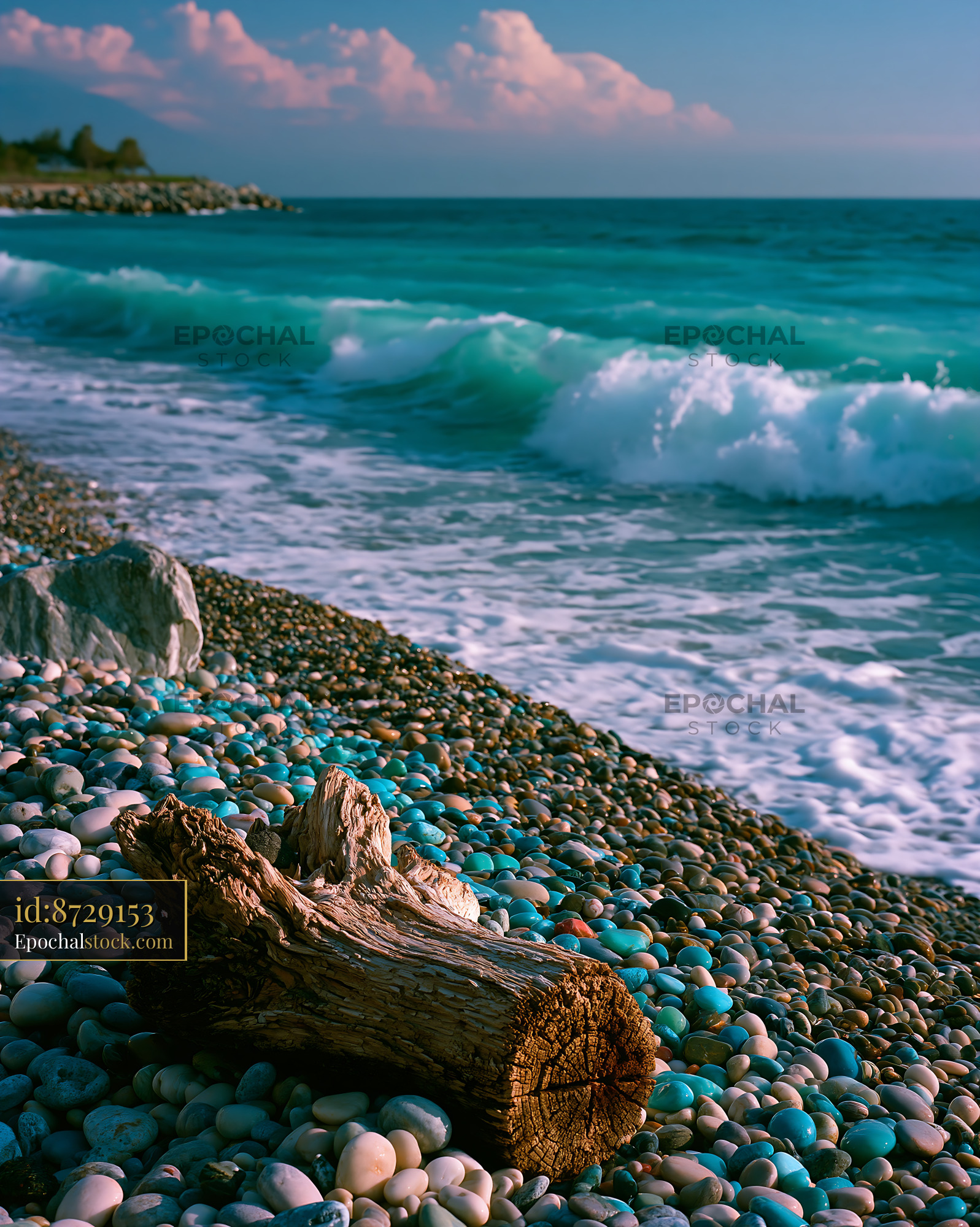 Watermarked full-resolution preview of Weathered driftwood and smooth stones along a turquoise seashore