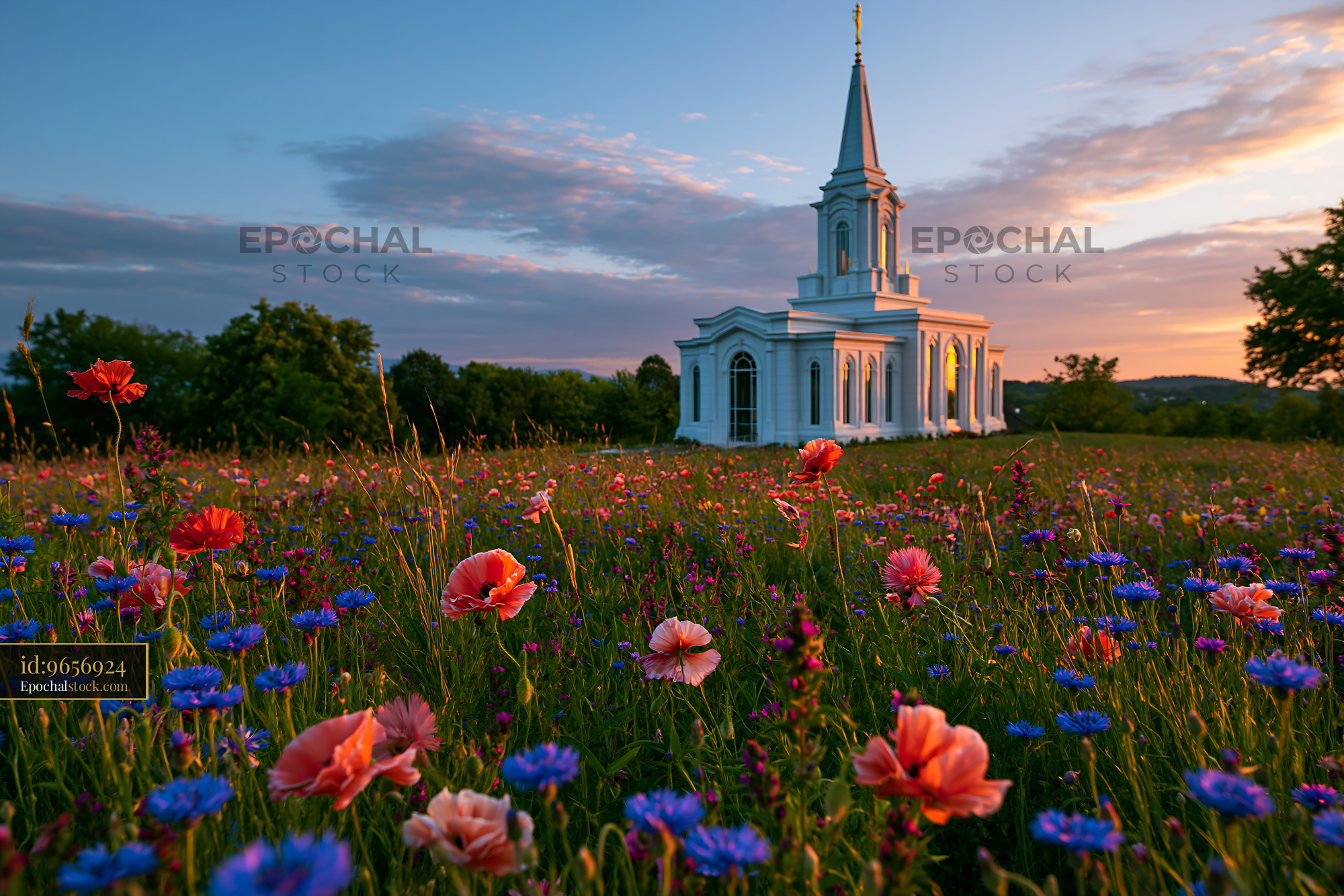 Watermarked full-resolution preview of Steepled church and colorful flowers in evening light