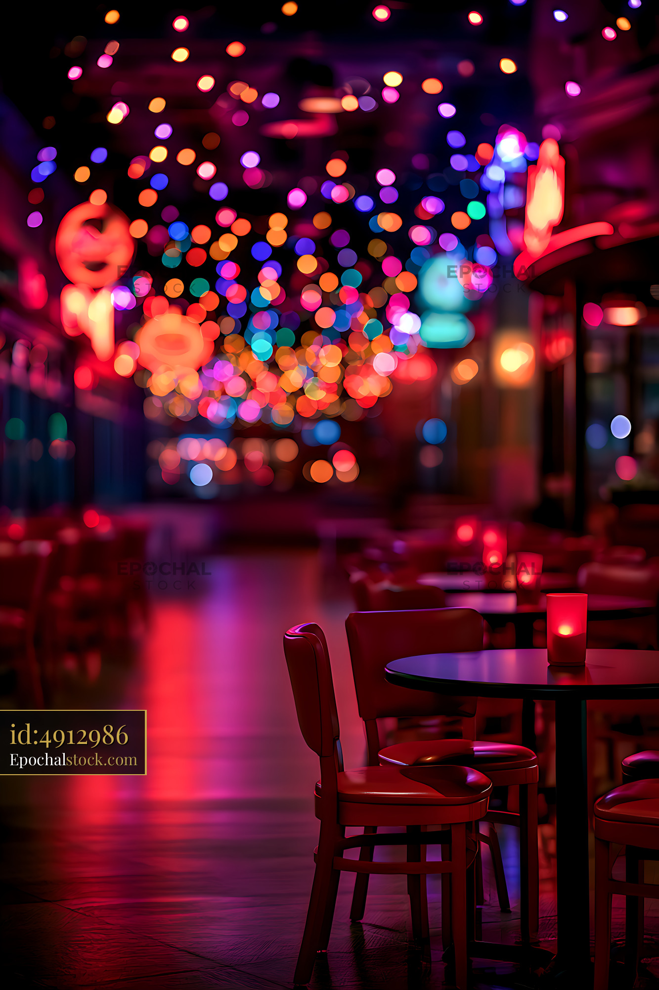 Watermarked full-resolution preview of Colorful neon-lit lounge with table and seating
