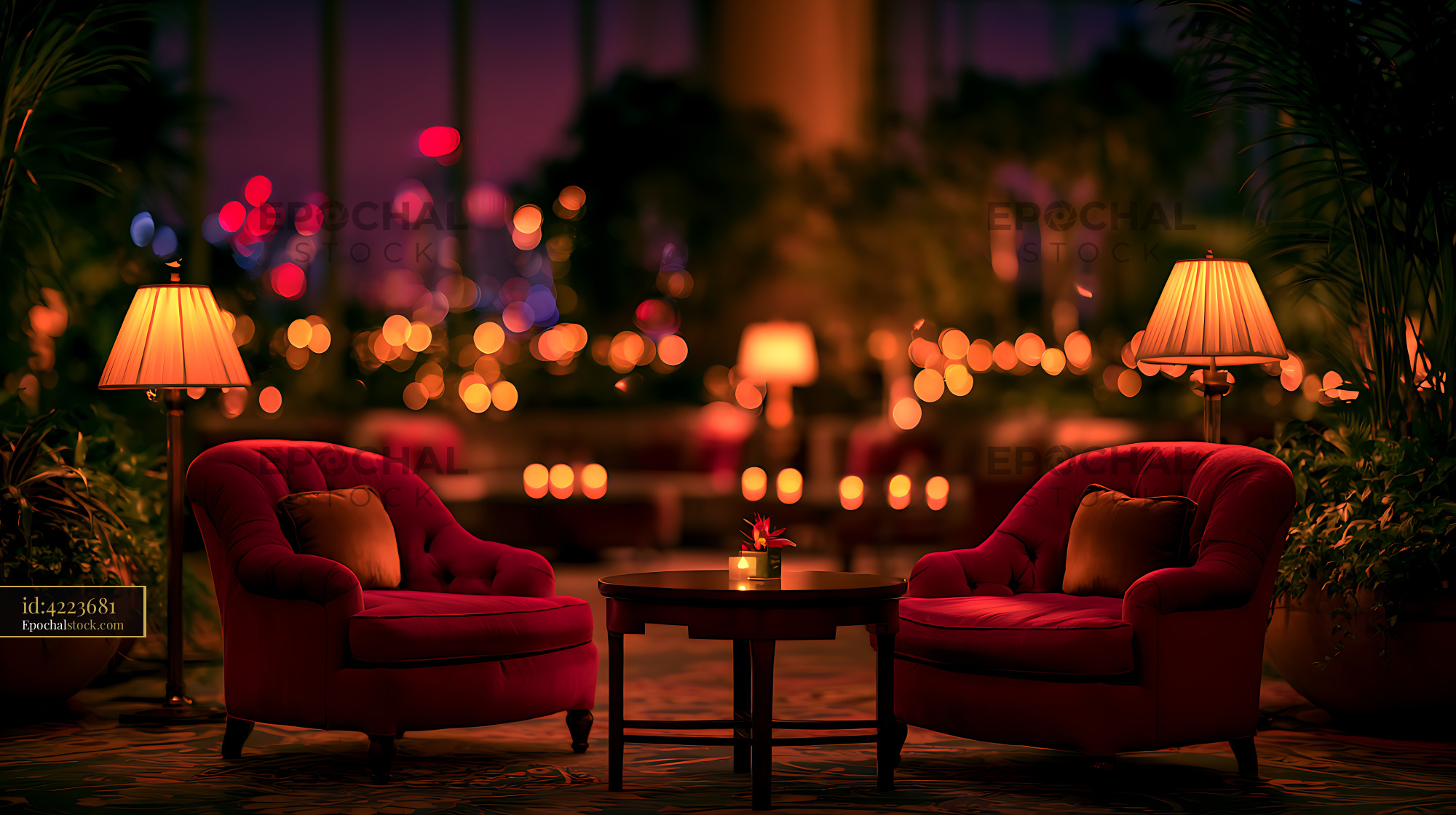Watermarked full-resolution preview of Cozy red armchair lounge with ambient evening lighting