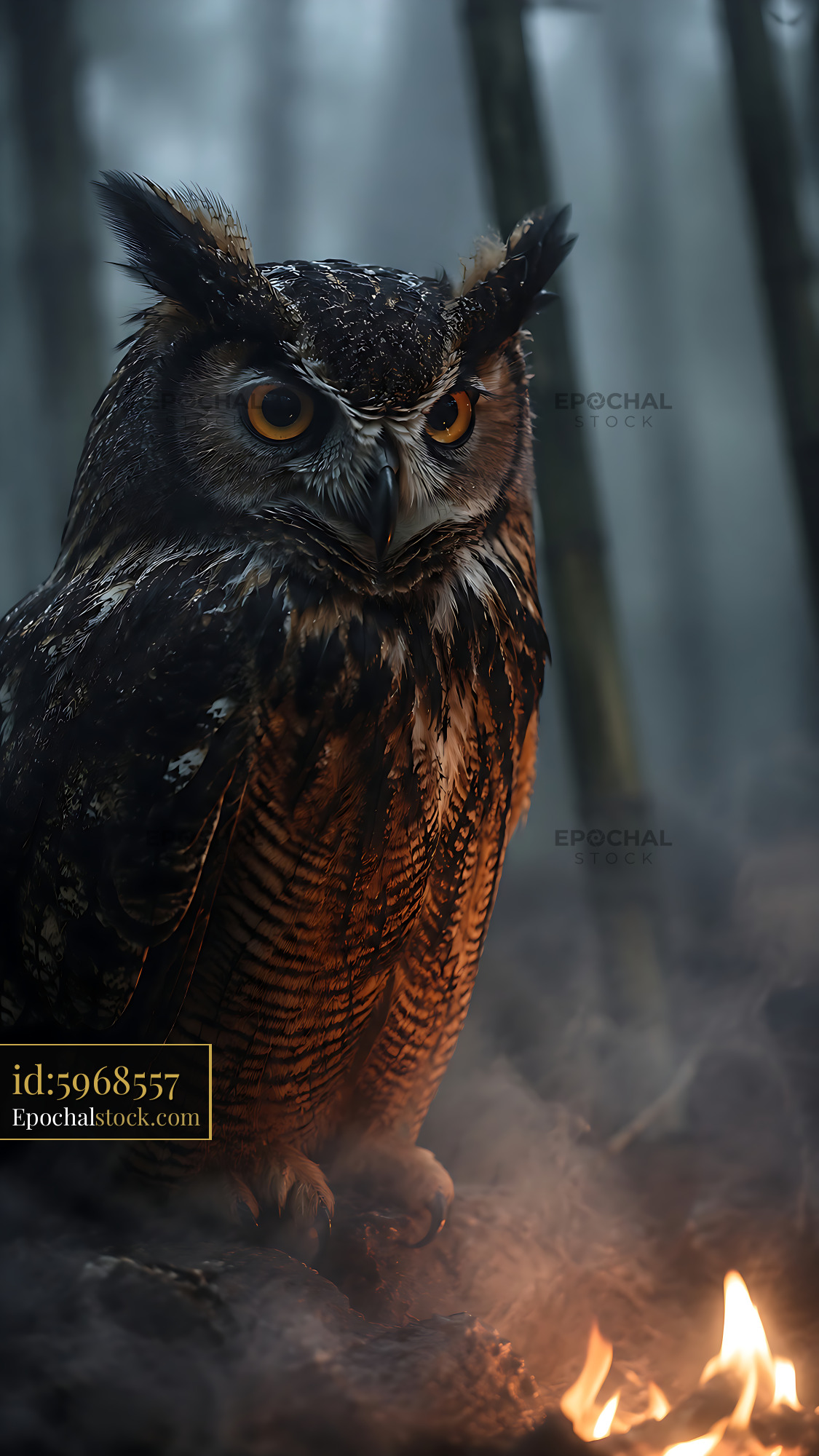 Watermarked full-resolution preview of Owl sitting near a fire in a dark forest