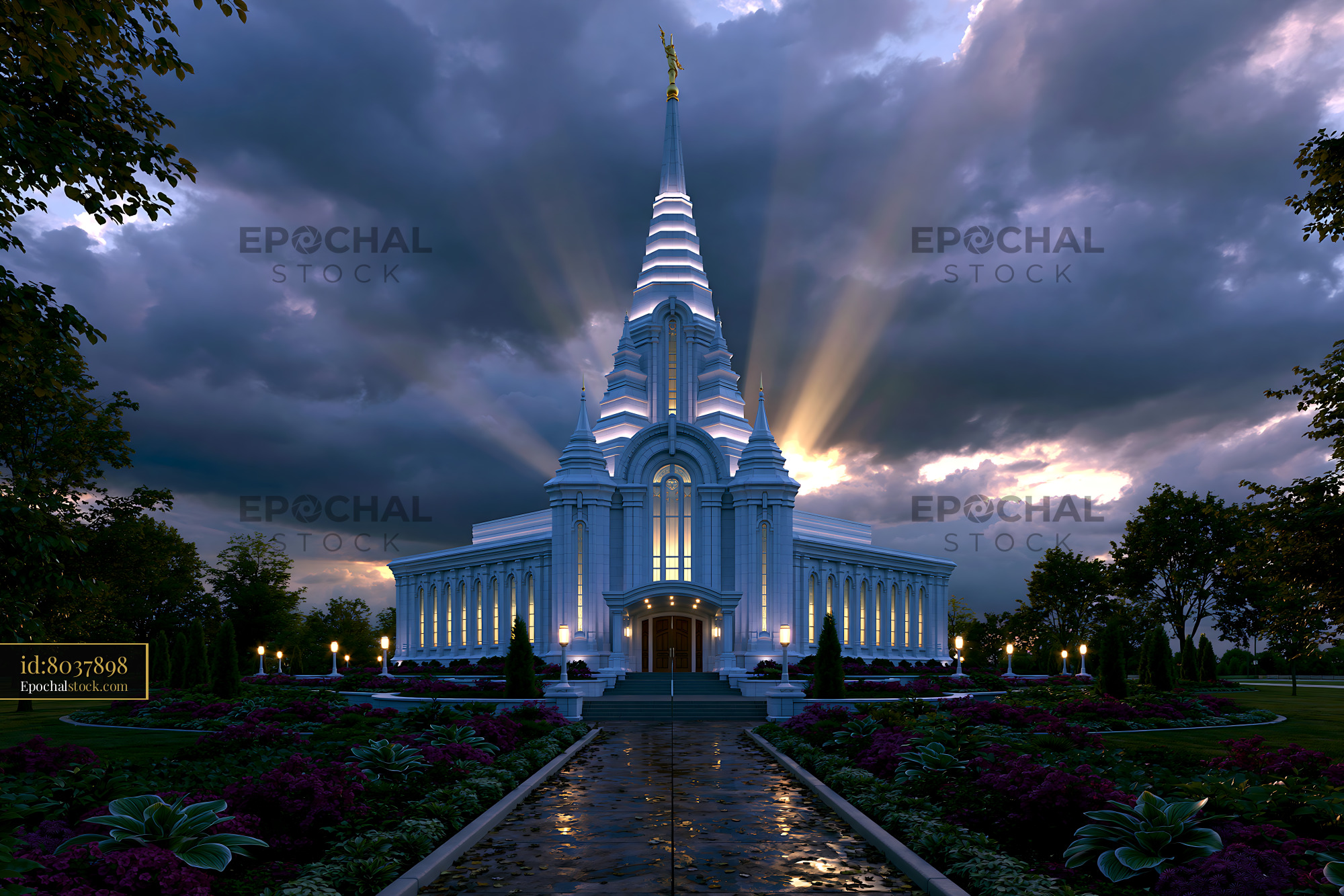 Watermarked full-resolution preview of Temple glowing beneath dramatic sunset clouds