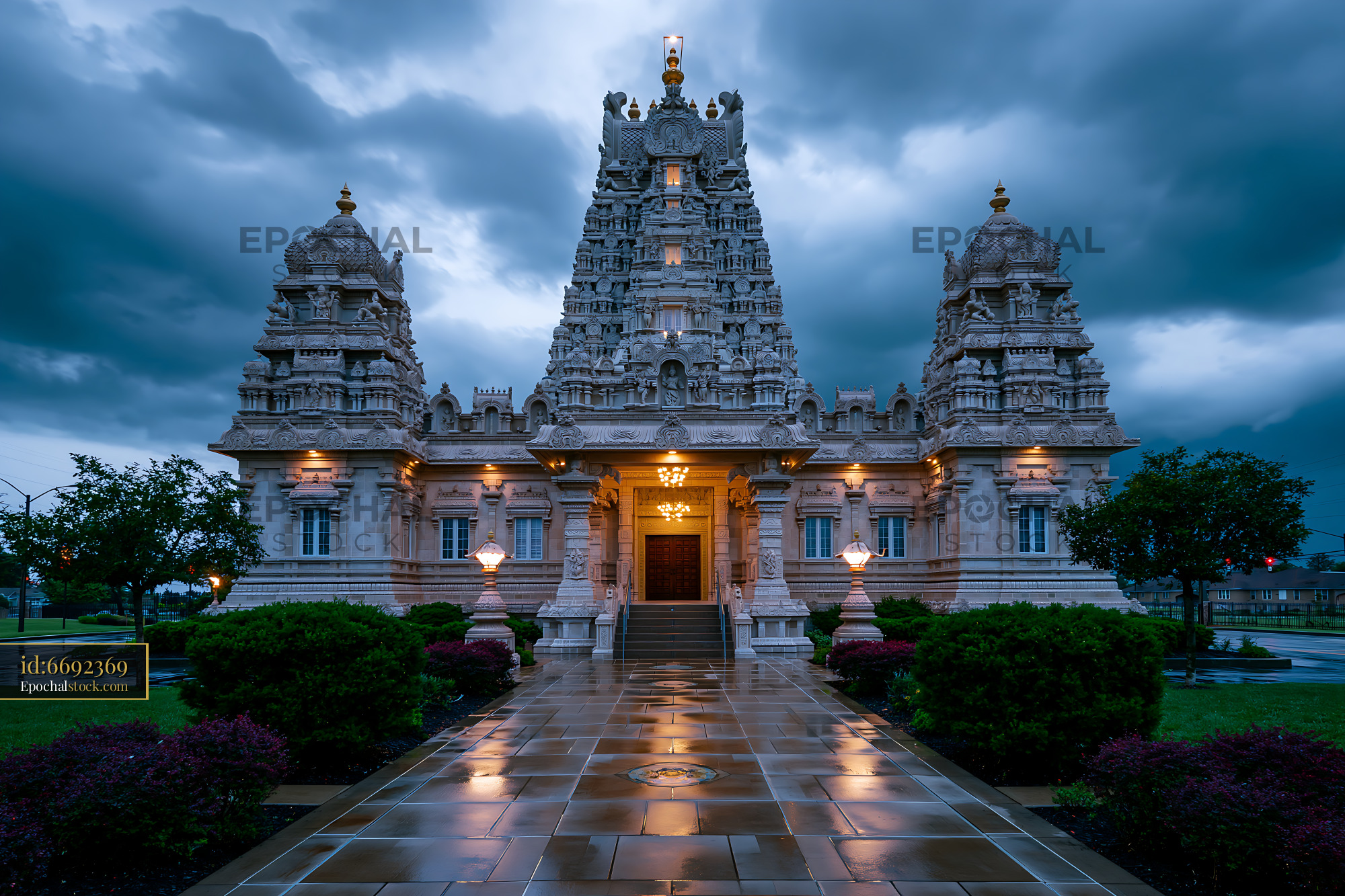 Watermarked full-resolution preview of Temple building under a cloudy sky at evening time