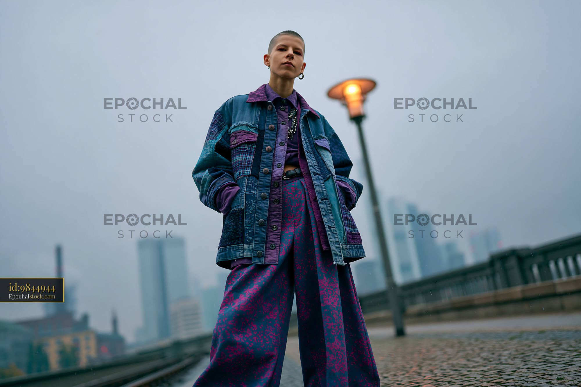 Watermarked full-resolution preview of A person stands confidently on a bridge in a city at dusk