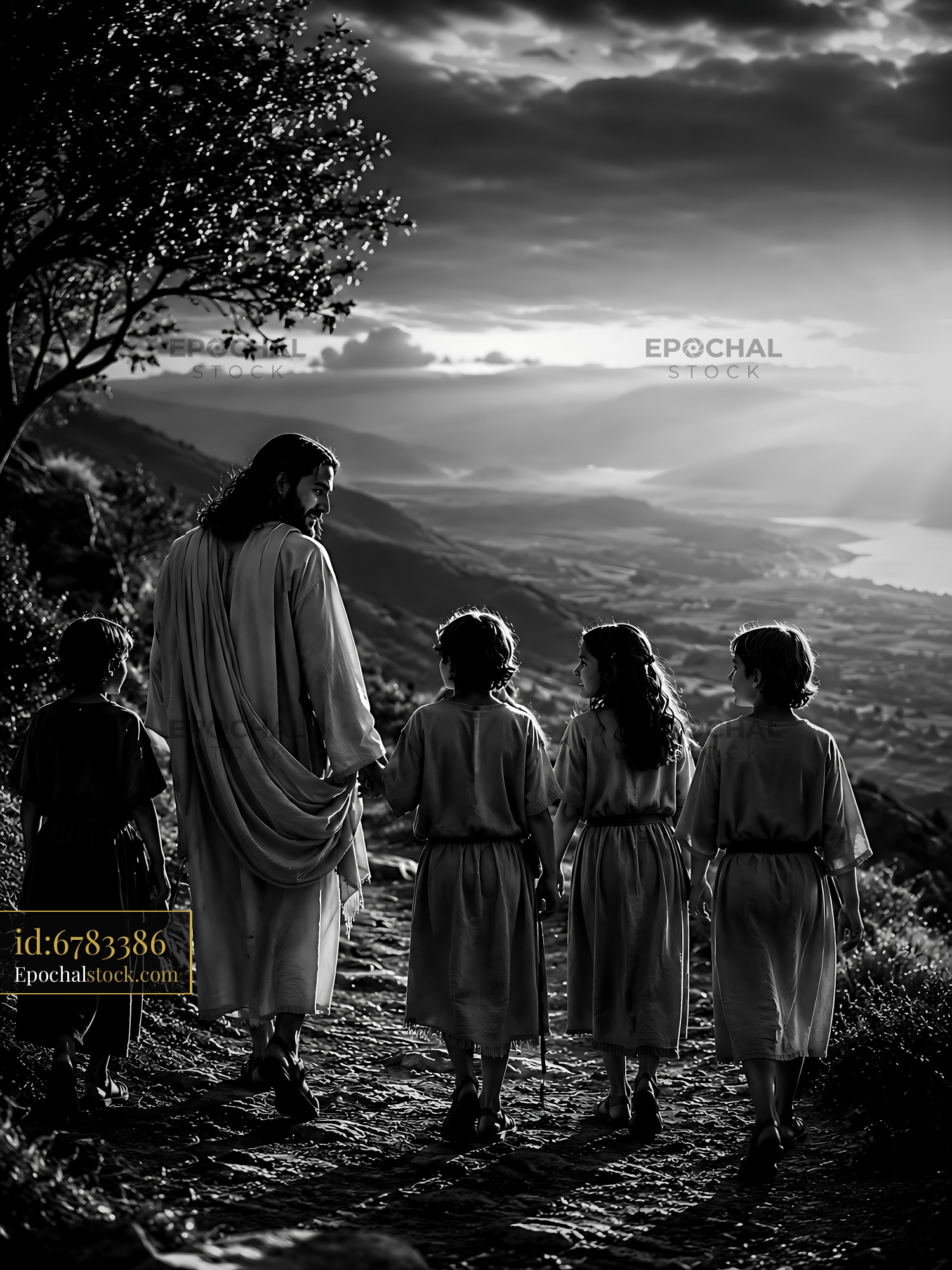 Children Walking With a Man on a Path During Sunset - stock photo