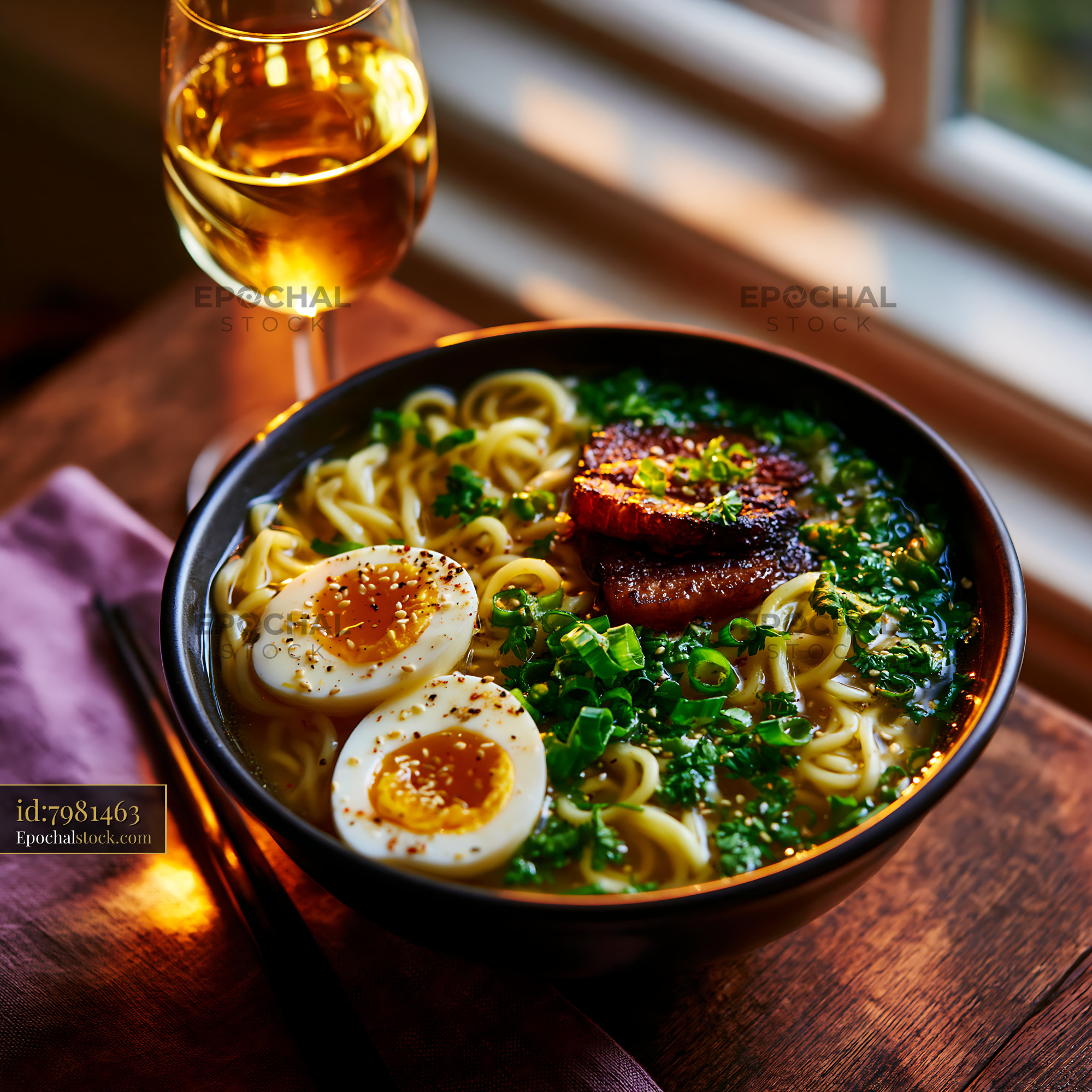 Watermarked full-resolution preview of Noodle bowl with egg and pork beside a glass of wine