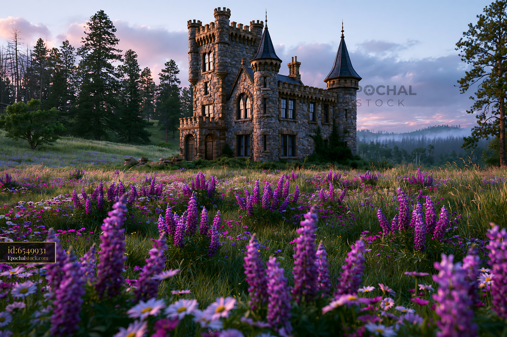Watermarked full-resolution preview of Stone castle in a colorful meadow beneath a pastel evening sky