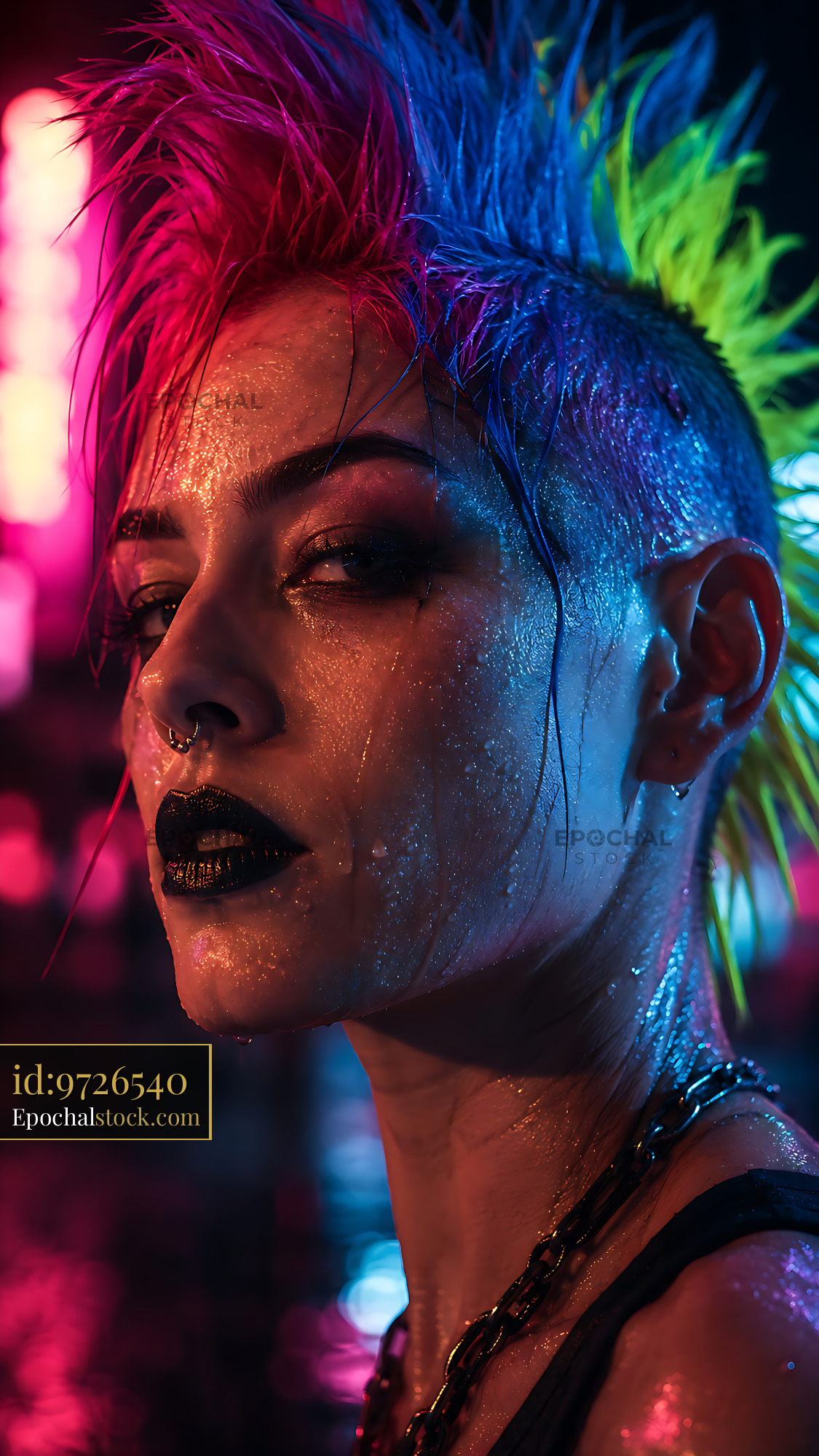 Watermarked full-resolution preview of Punk model with colorful mohawk in neon lights