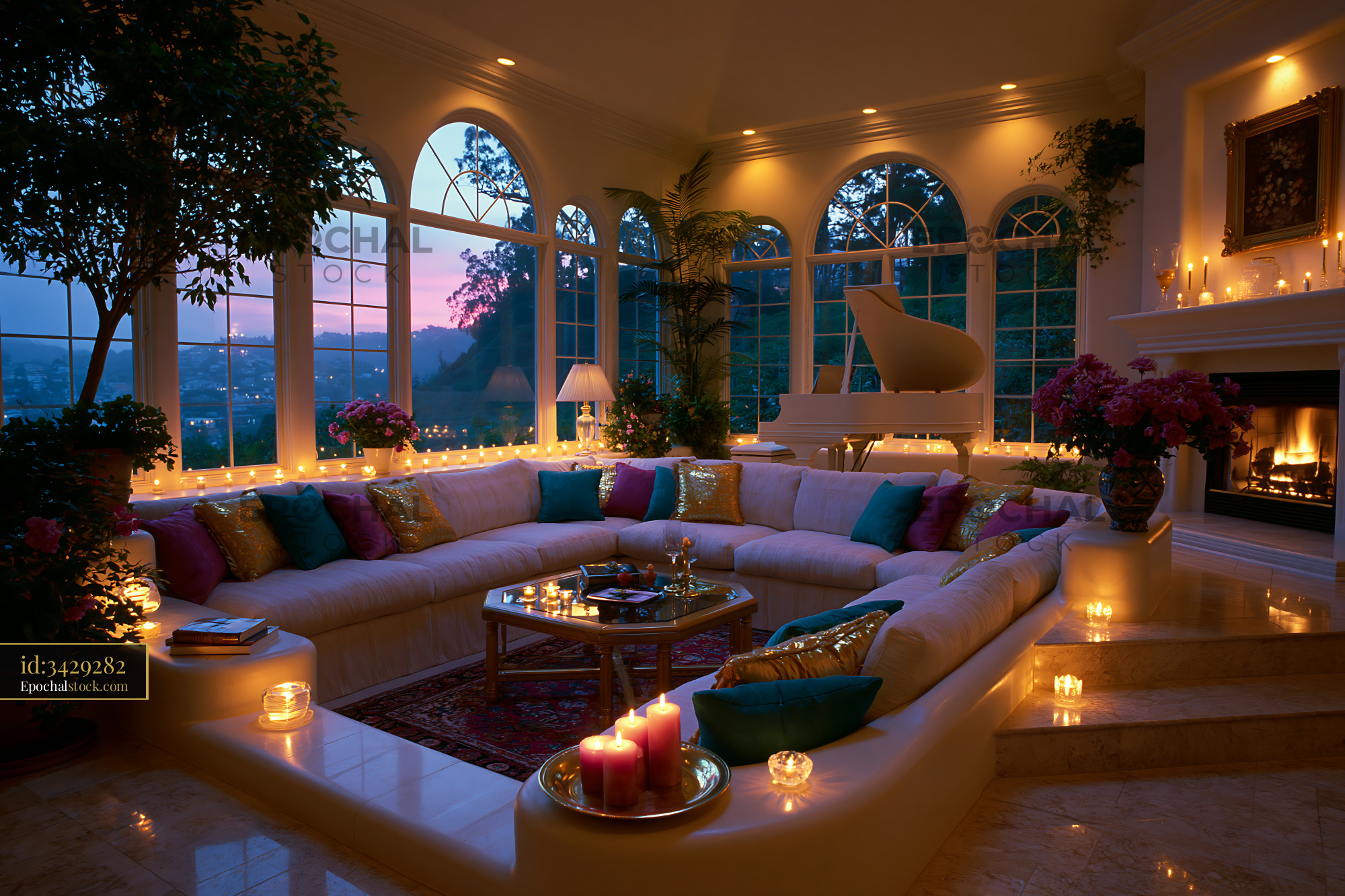 Watermarked full-resolution preview of Cozy living room with candles and piano during sunset