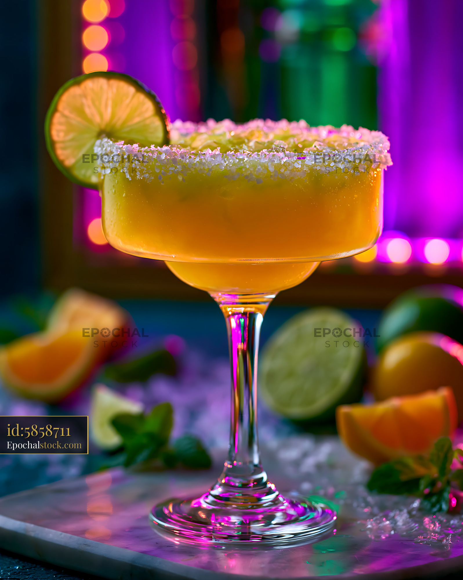 Watermarked full-resolution preview of Salt-rimmed citrus cocktail with lime and vibrant bokeh