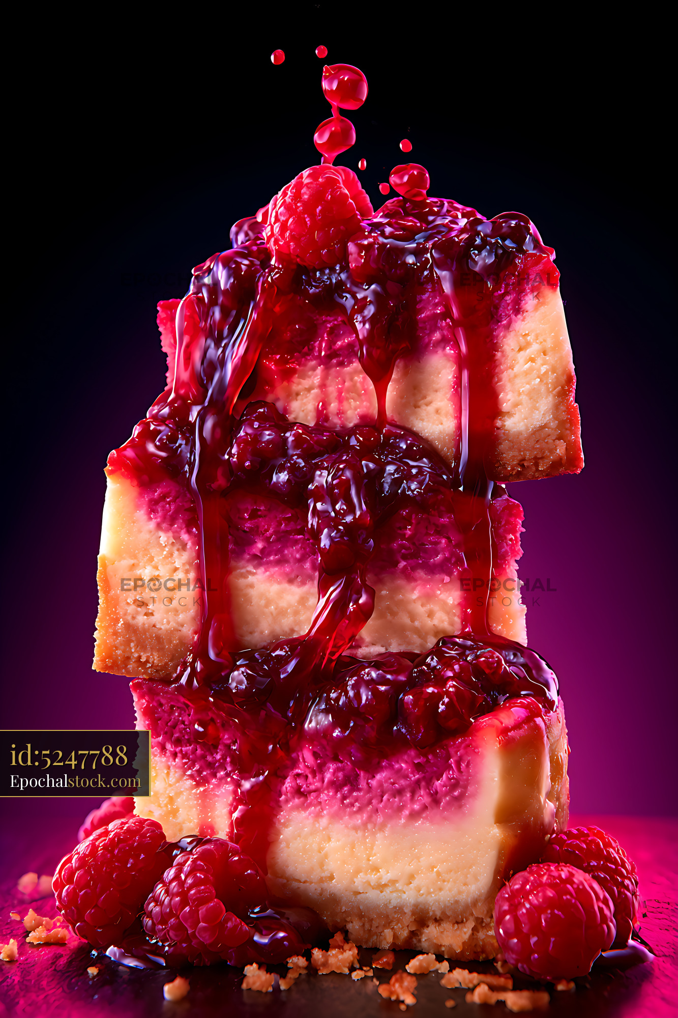 Watermarked full-resolution preview of Stacked raspberry dessert bars with berry topping