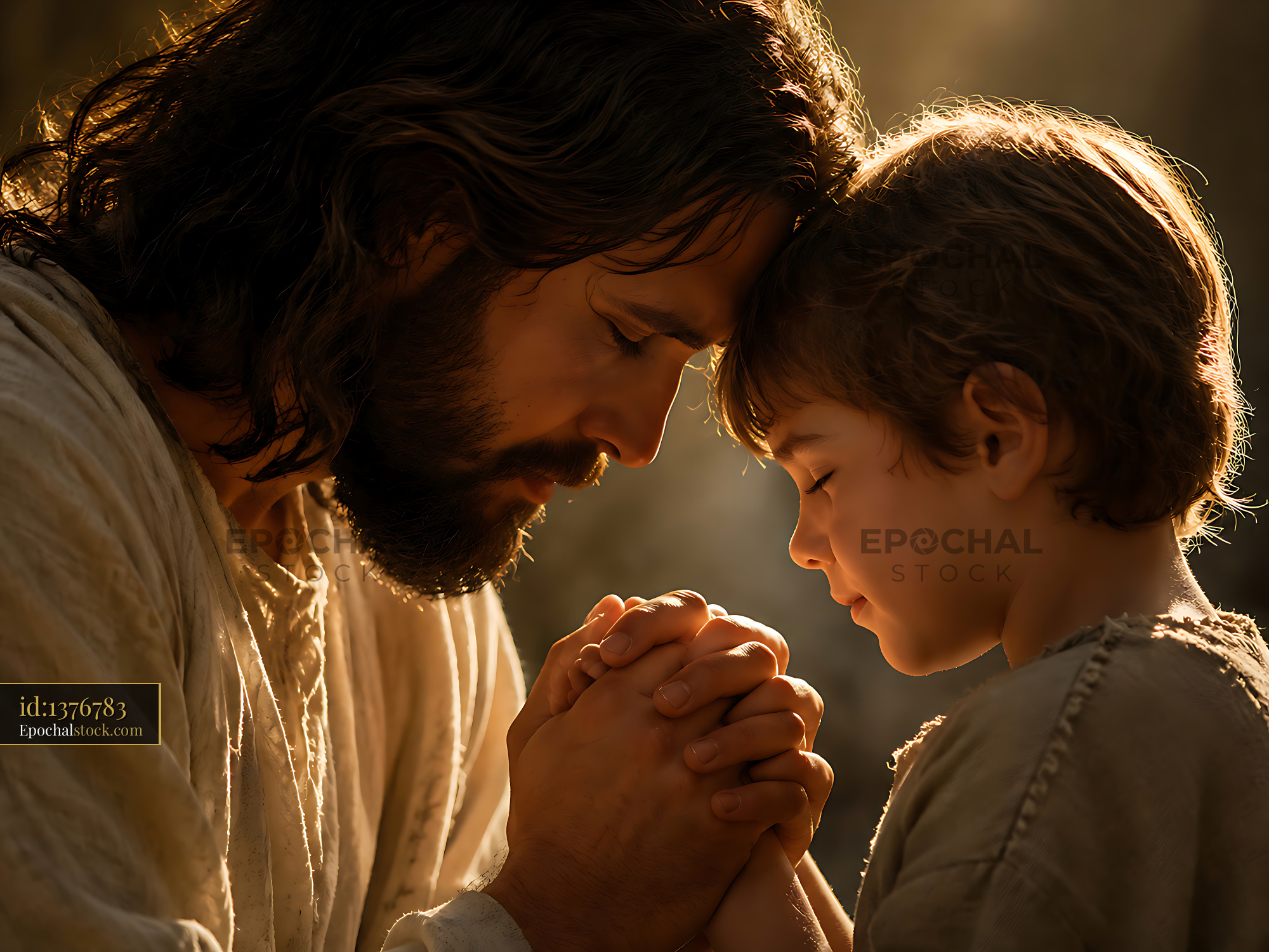 Man and Child Pray Together in Soft Light With Closed Eyes - stock photo
