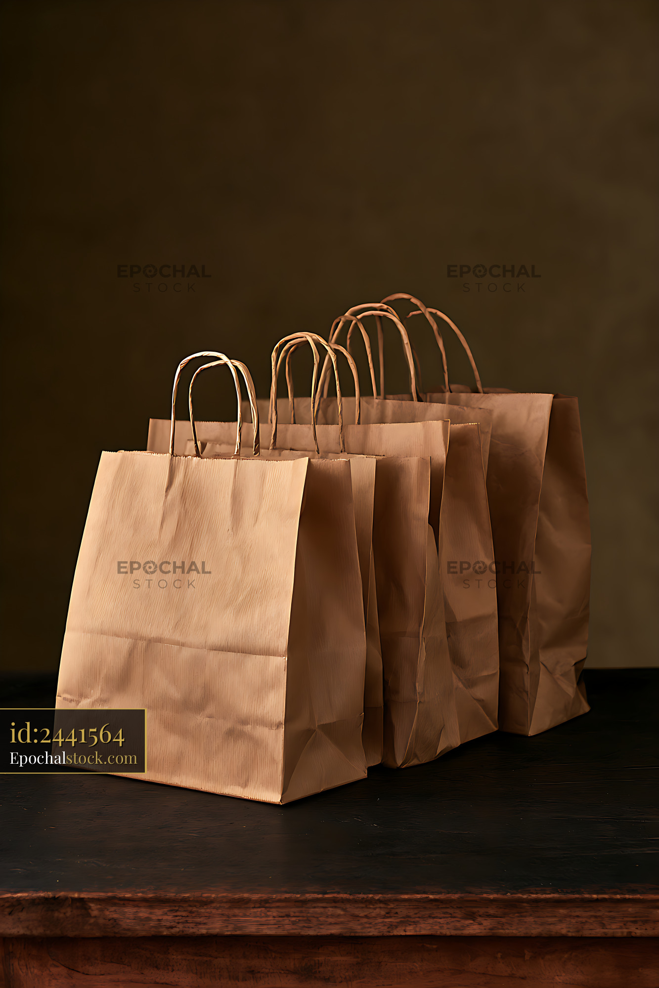 Watermarked full-resolution preview of Group of brown paper shopping bags in warm studio light