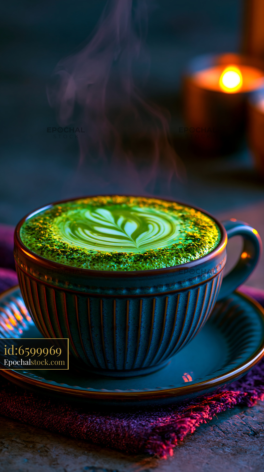 Watermarked full-resolution preview of Steaming matcha latte with heart-shaped foam design
