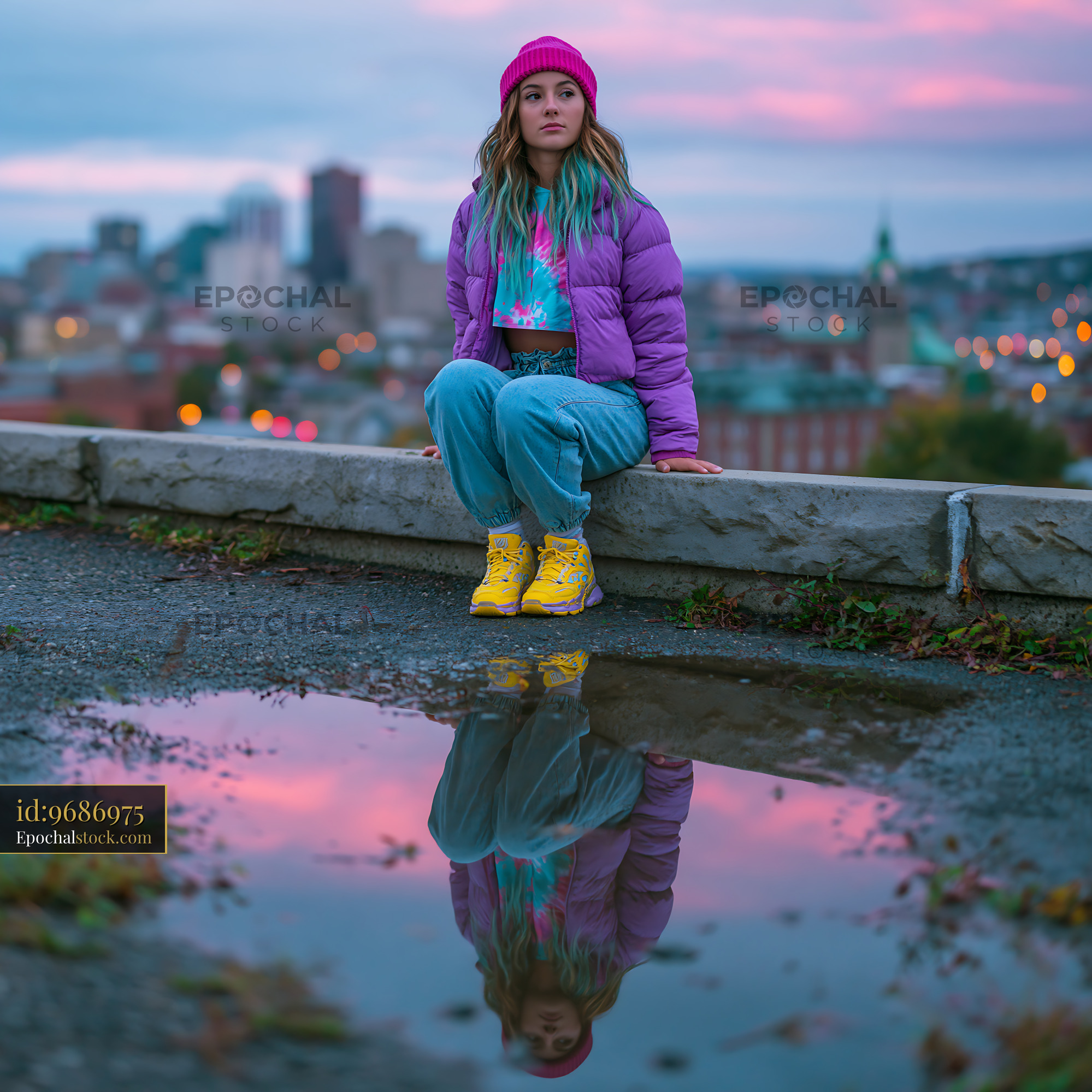 Watermarked full-resolution preview of Woman sitting on a ledge near a cityscape with a reflection in water