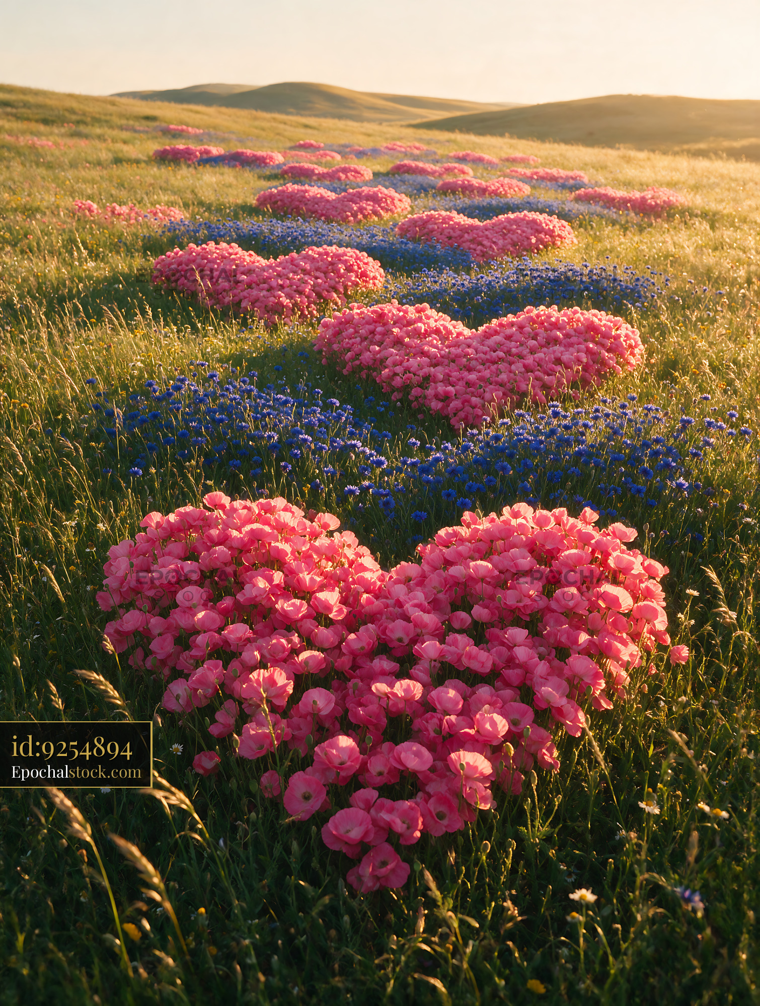 Watermarked full-resolution preview of Flower hearts in a green field during sunset