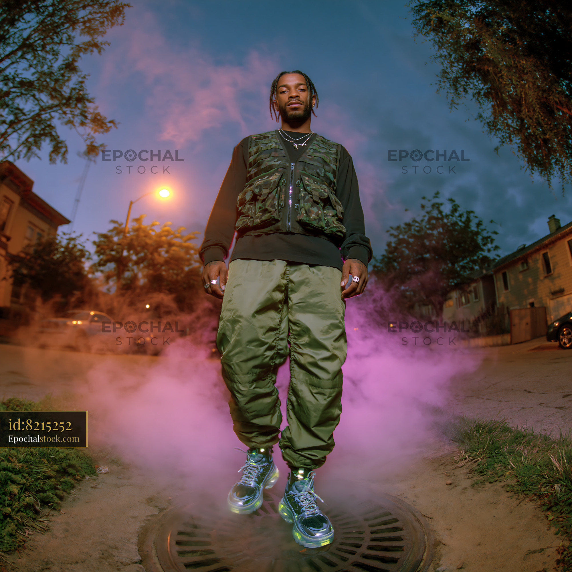 Watermarked full-resolution preview of Fashion portrait of a man surrounded by pink smoke
