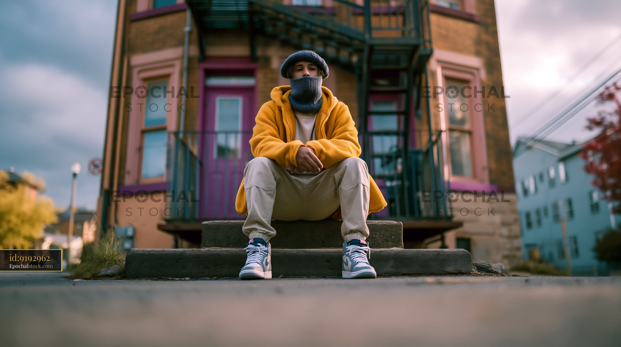 Watermarked full-resolution preview of Man sitting on steps in front of building on a cloudy day