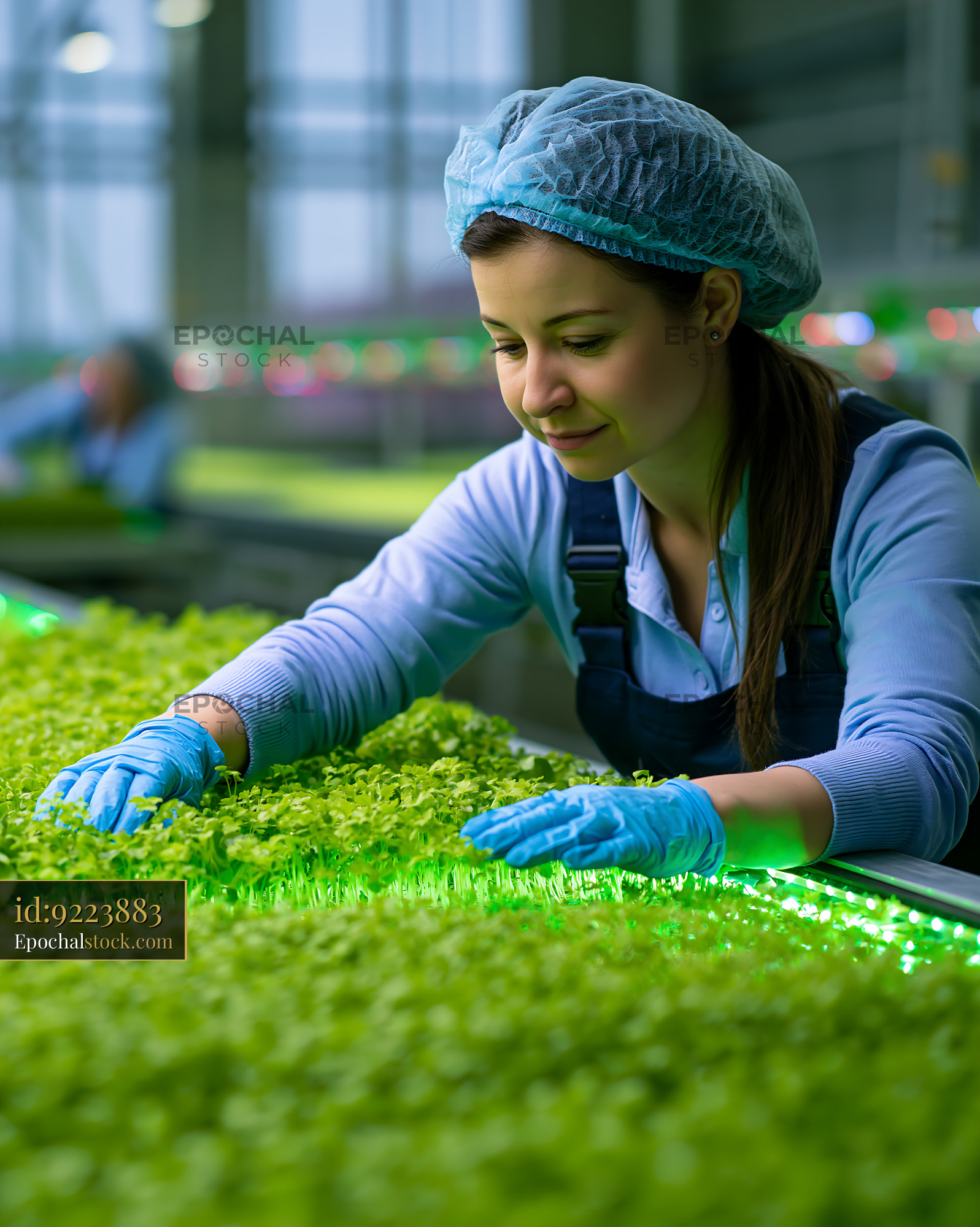 Workers Caring for Fresh Lettuce Seedlings in a Greenhouse - stock photo