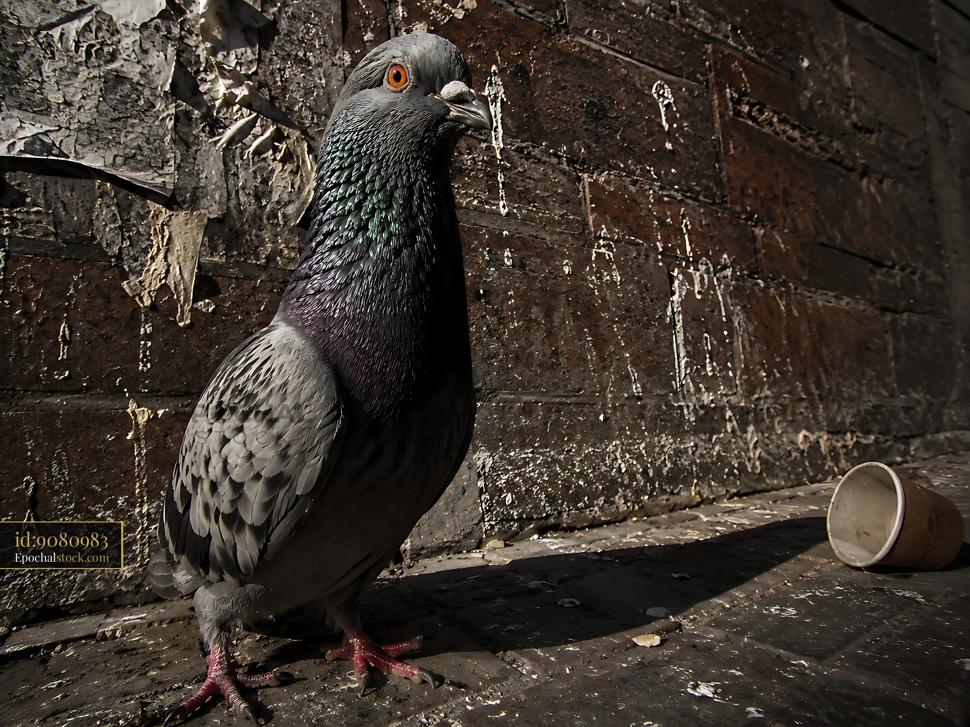 Watermarked full-resolution preview of Pigeon standing near a cup on a weathered wooden floor