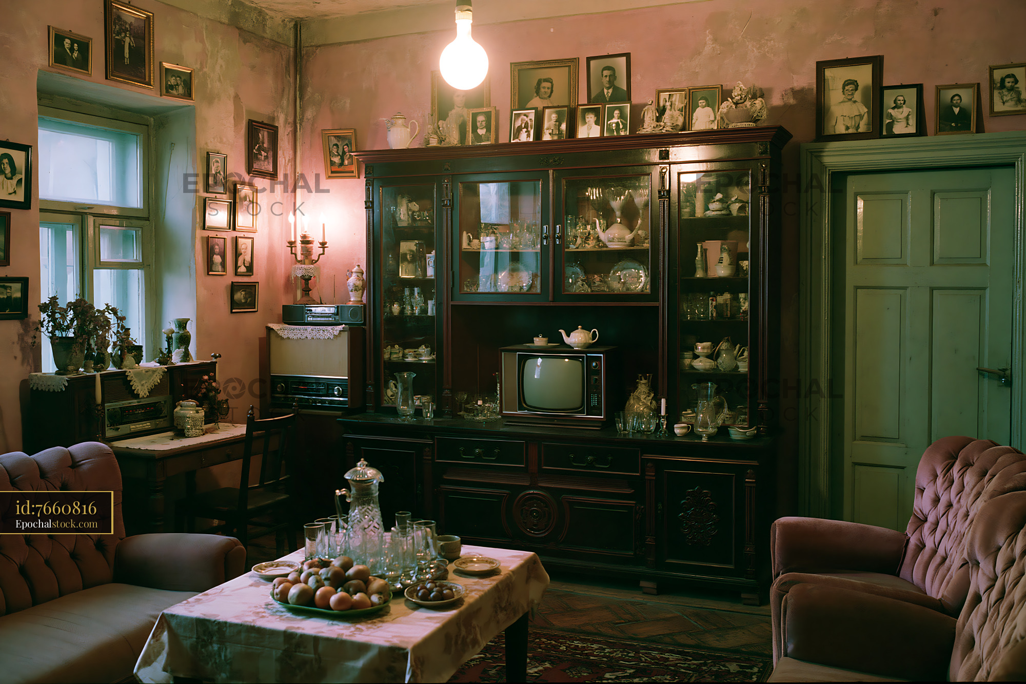 Watermarked full-resolution preview of Vintage living room with antique furniture and nostalgic decor