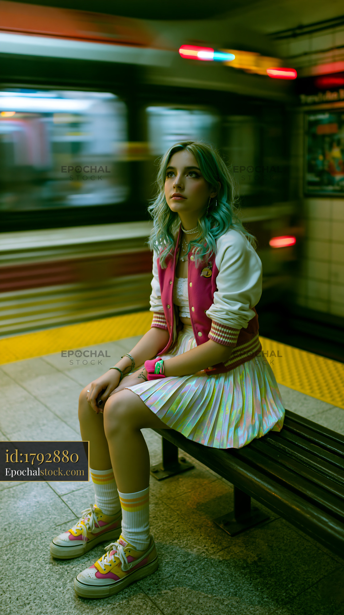 Watermarked full-resolution preview of Young woman waiting at subway station with train in motion