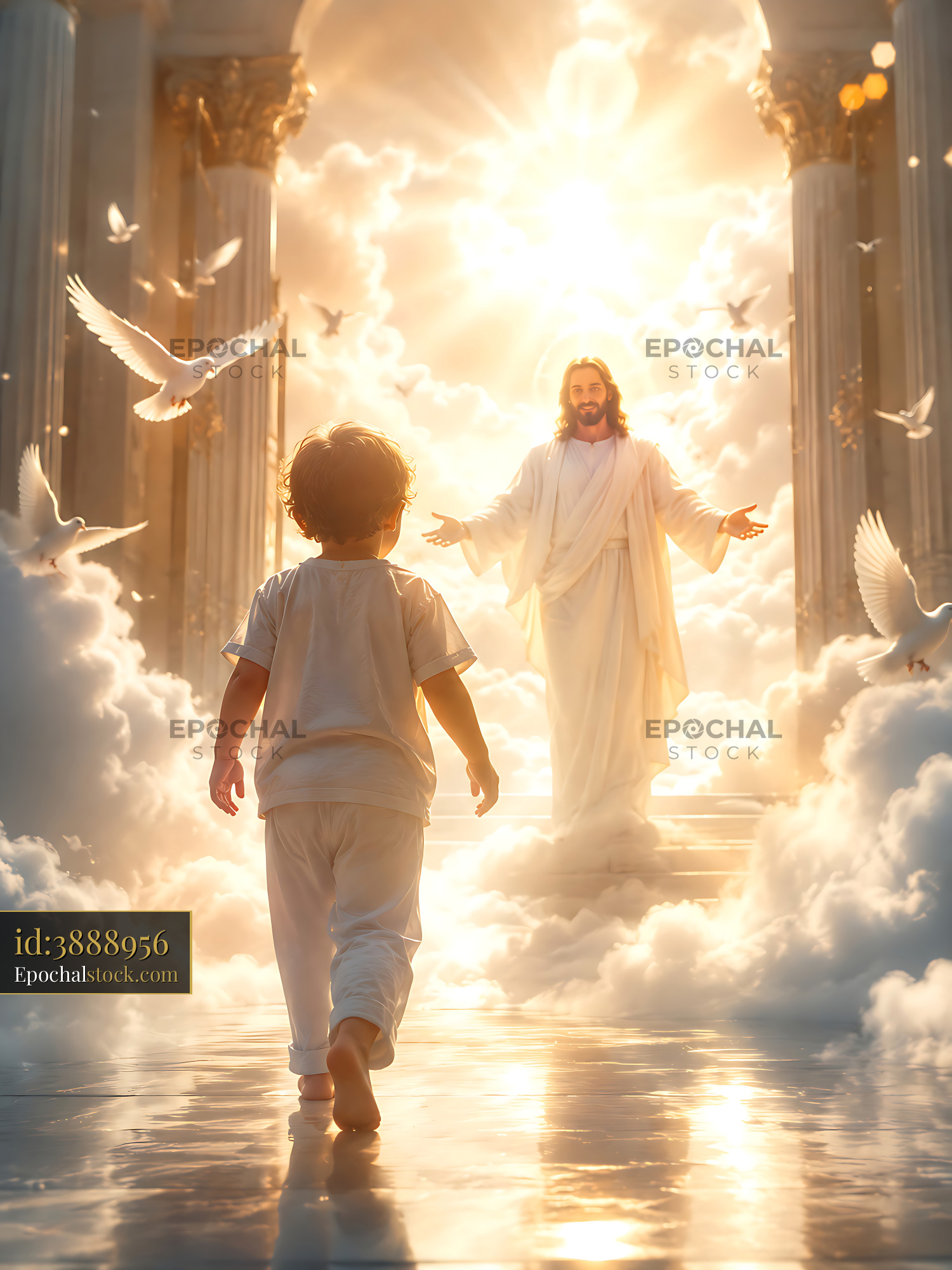 Child Walks Toward Figure in Light Surrounded by Doves - stock photo