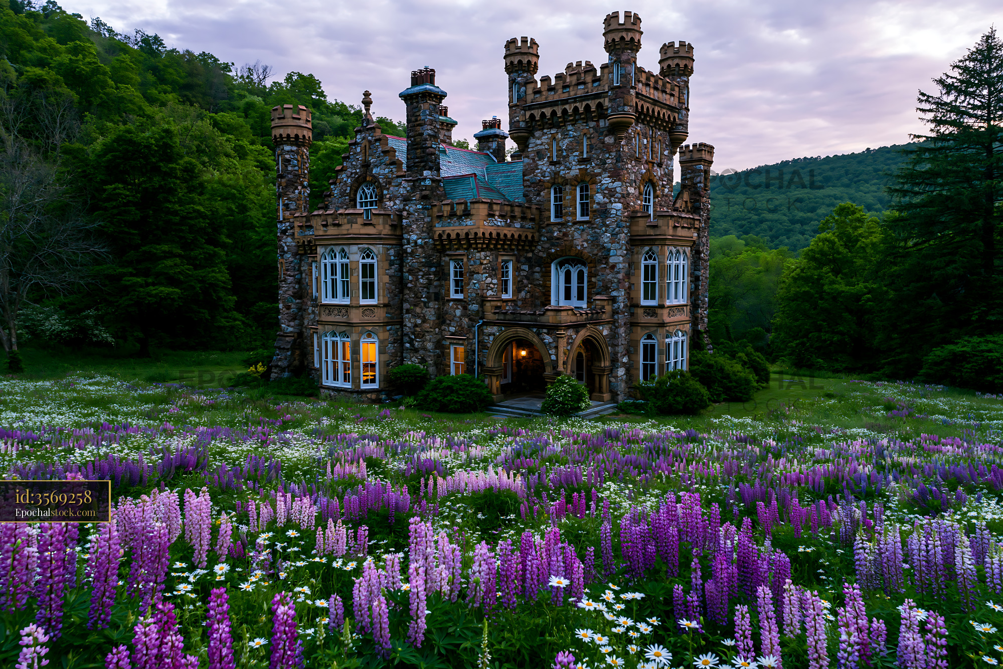 Watermarked full-resolution preview of Historic stone castle surrounded by blooming flowers
