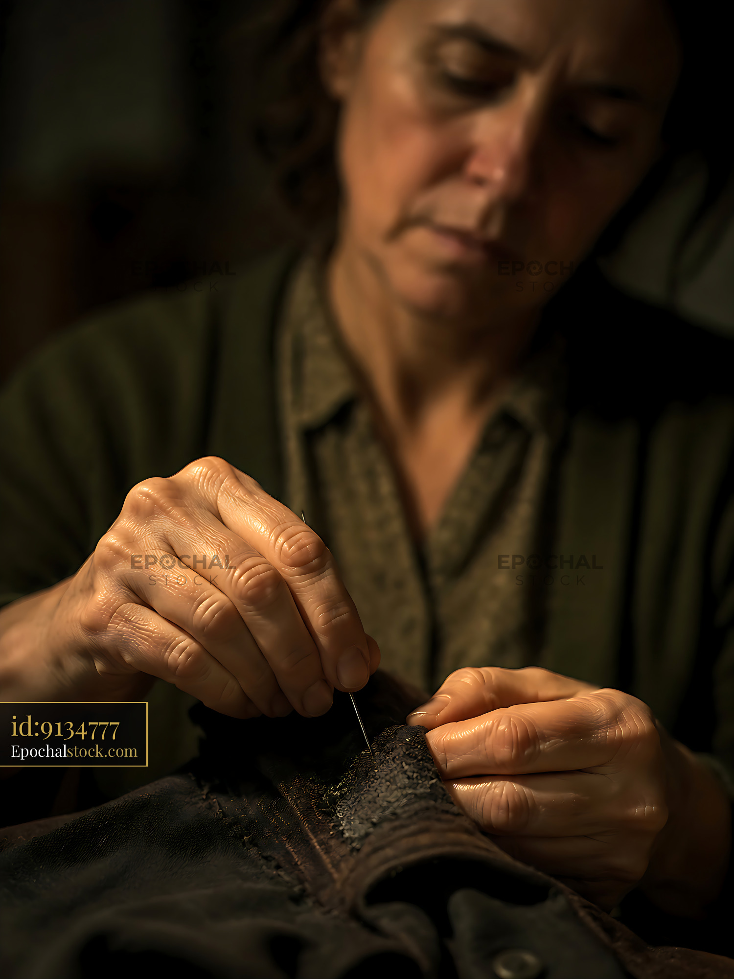 Watermarked full-resolution preview of Woman sewing fabric with needle and thread