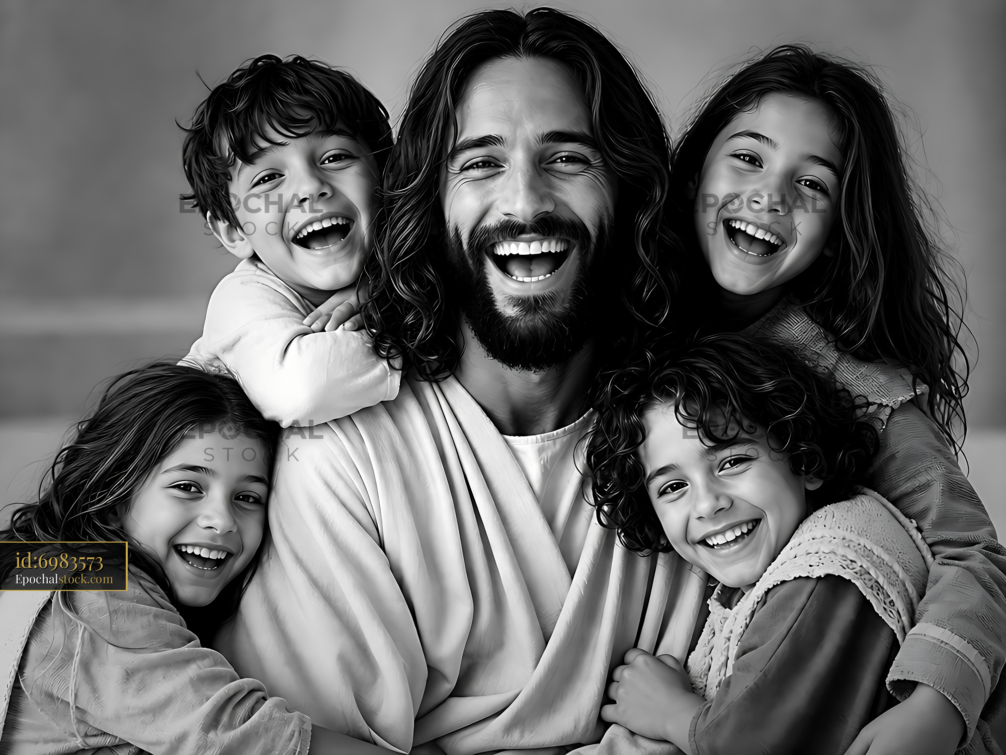 Man Smiles With Children in Warm and Bright Setting - stock photo